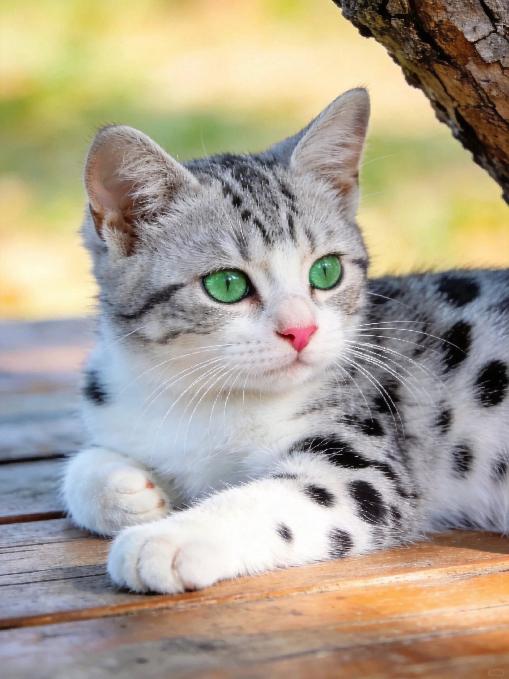 A gray and black spotted kitten with bright green eyes rests near a tree trunk.
