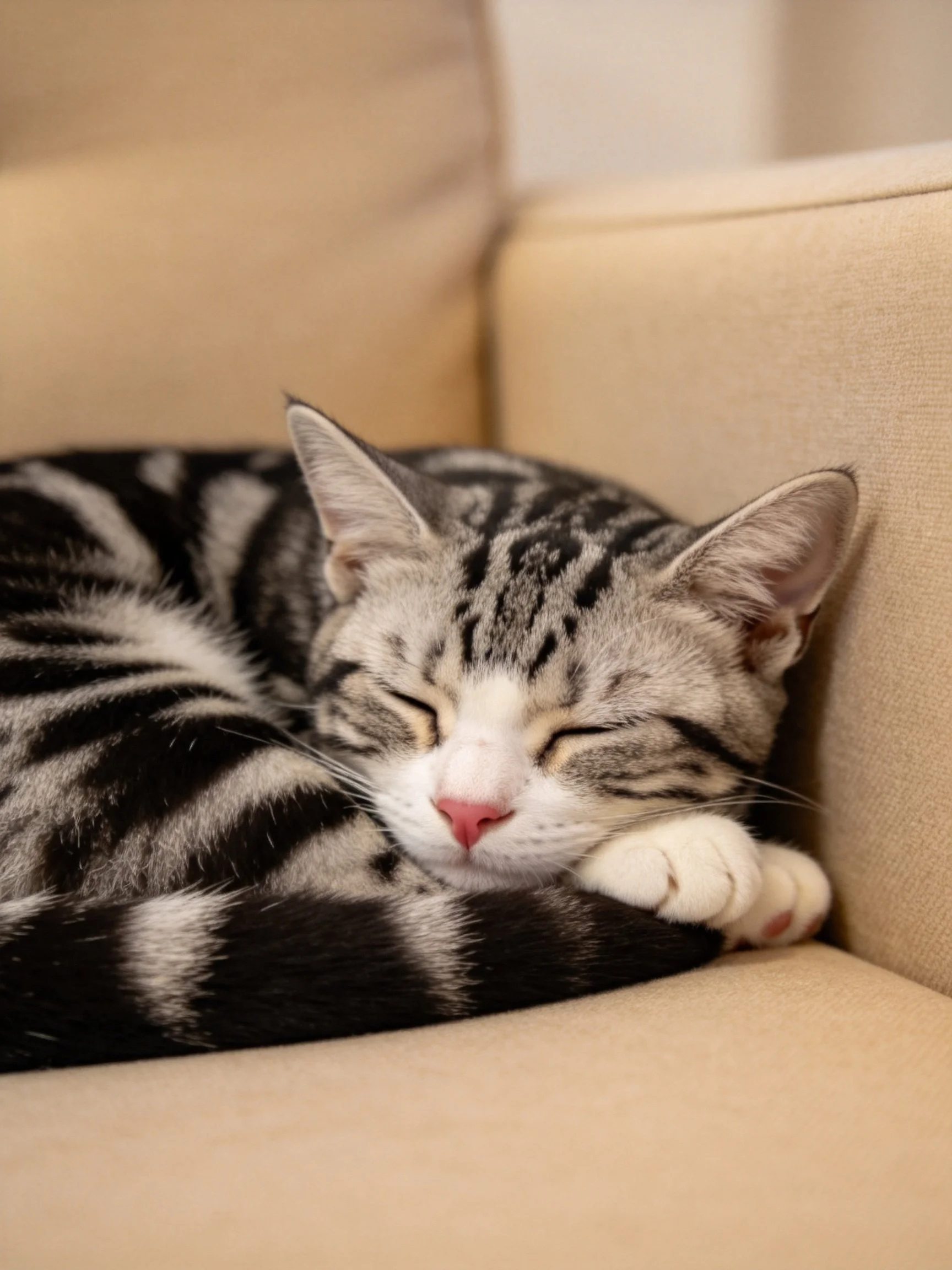 A gray and black striped cat curls asleep on a beige couch.