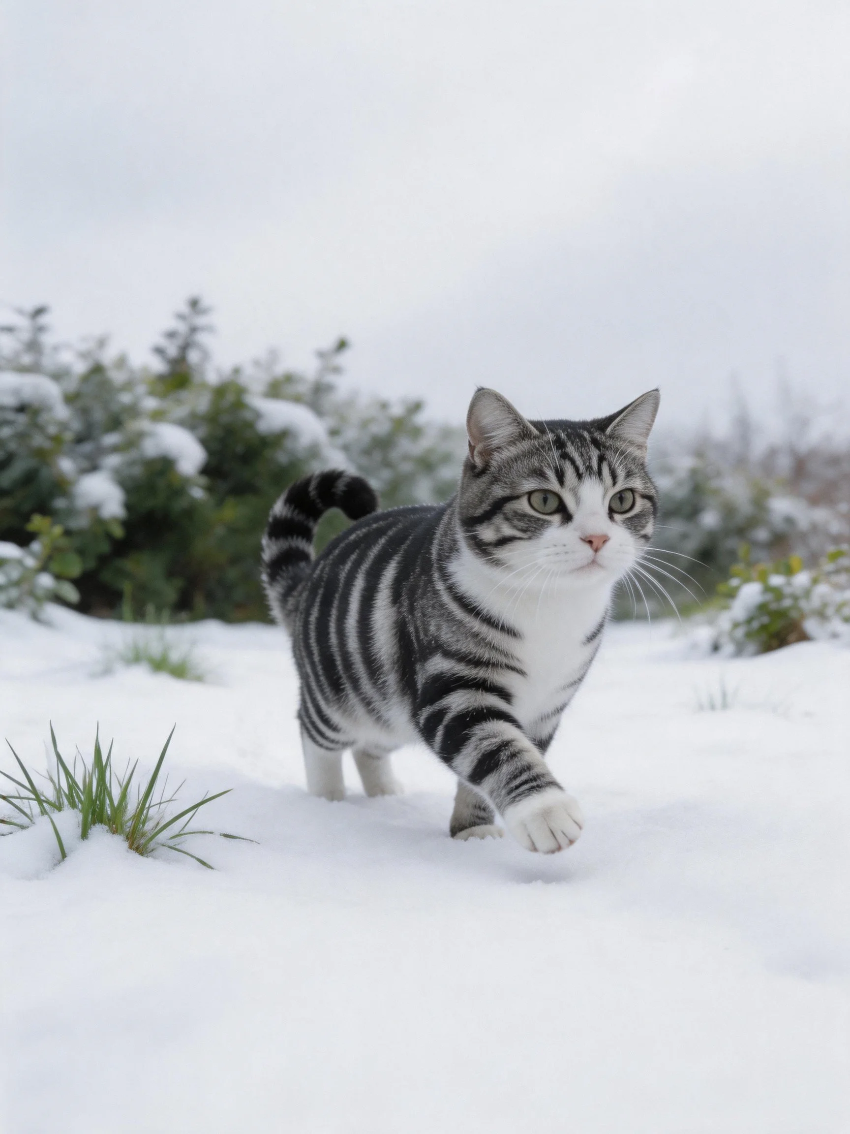 A gray and black striped cat explores snowy terrain