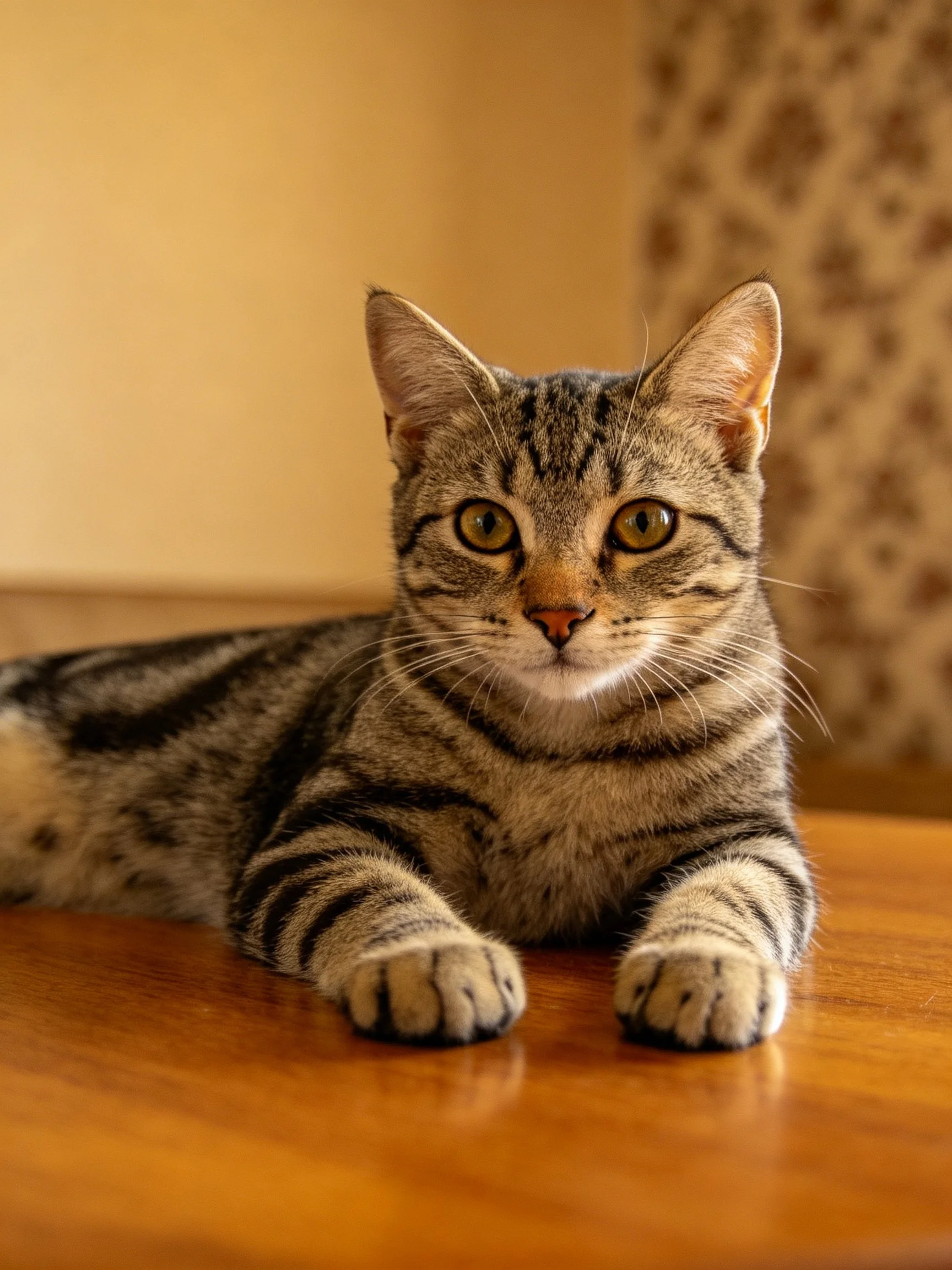 A gray and black striped cat lies on a wooden table