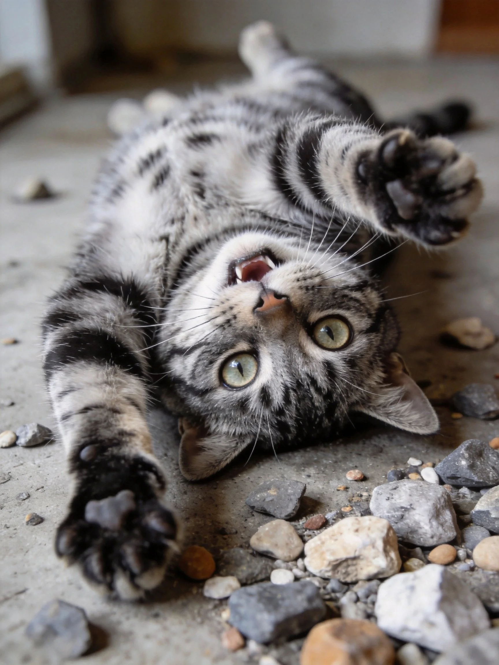 A gray and black striped cat lies on its back among scattered stones