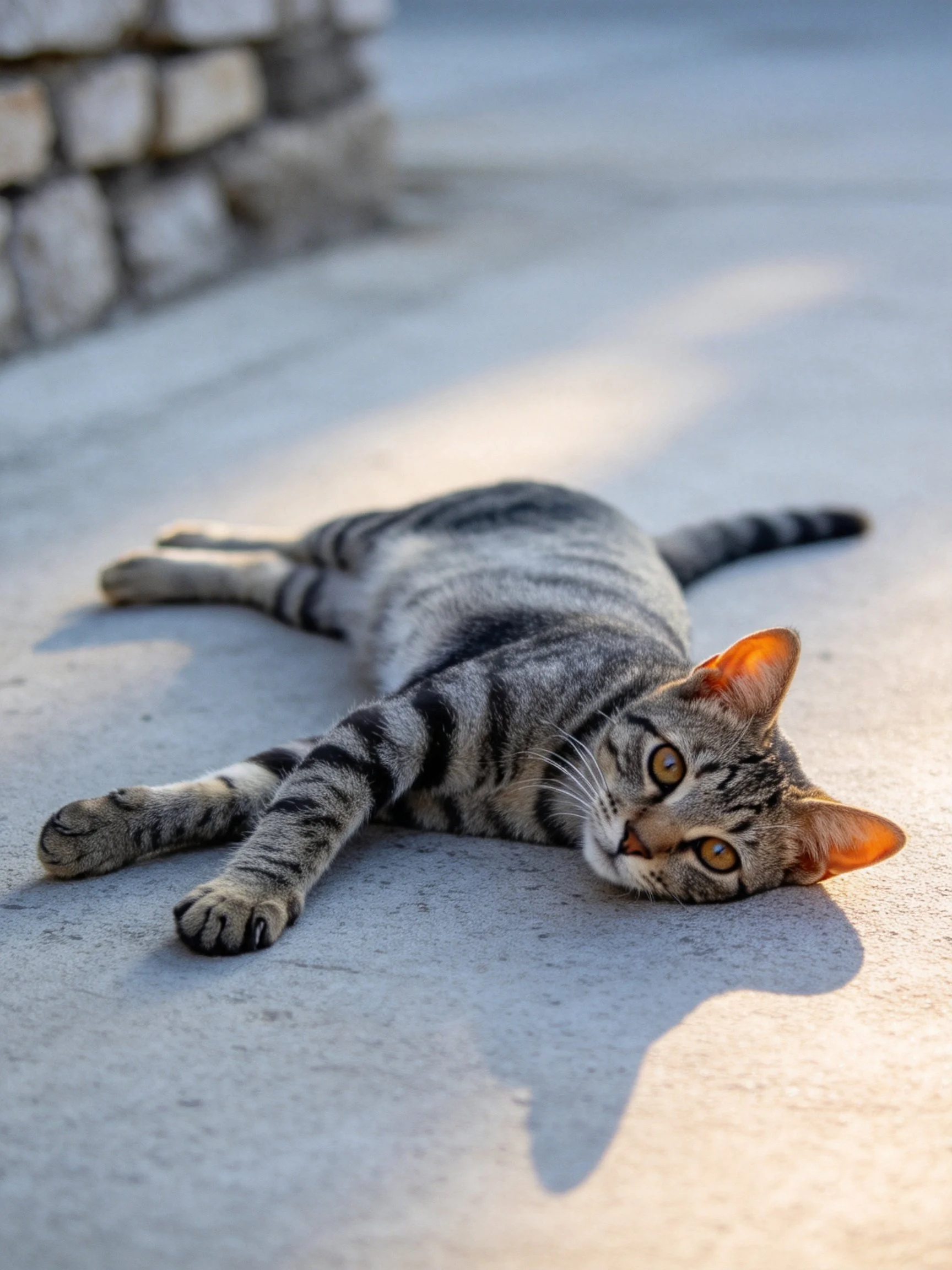 A gray and black striped cat lounges on a sunlit concrete path