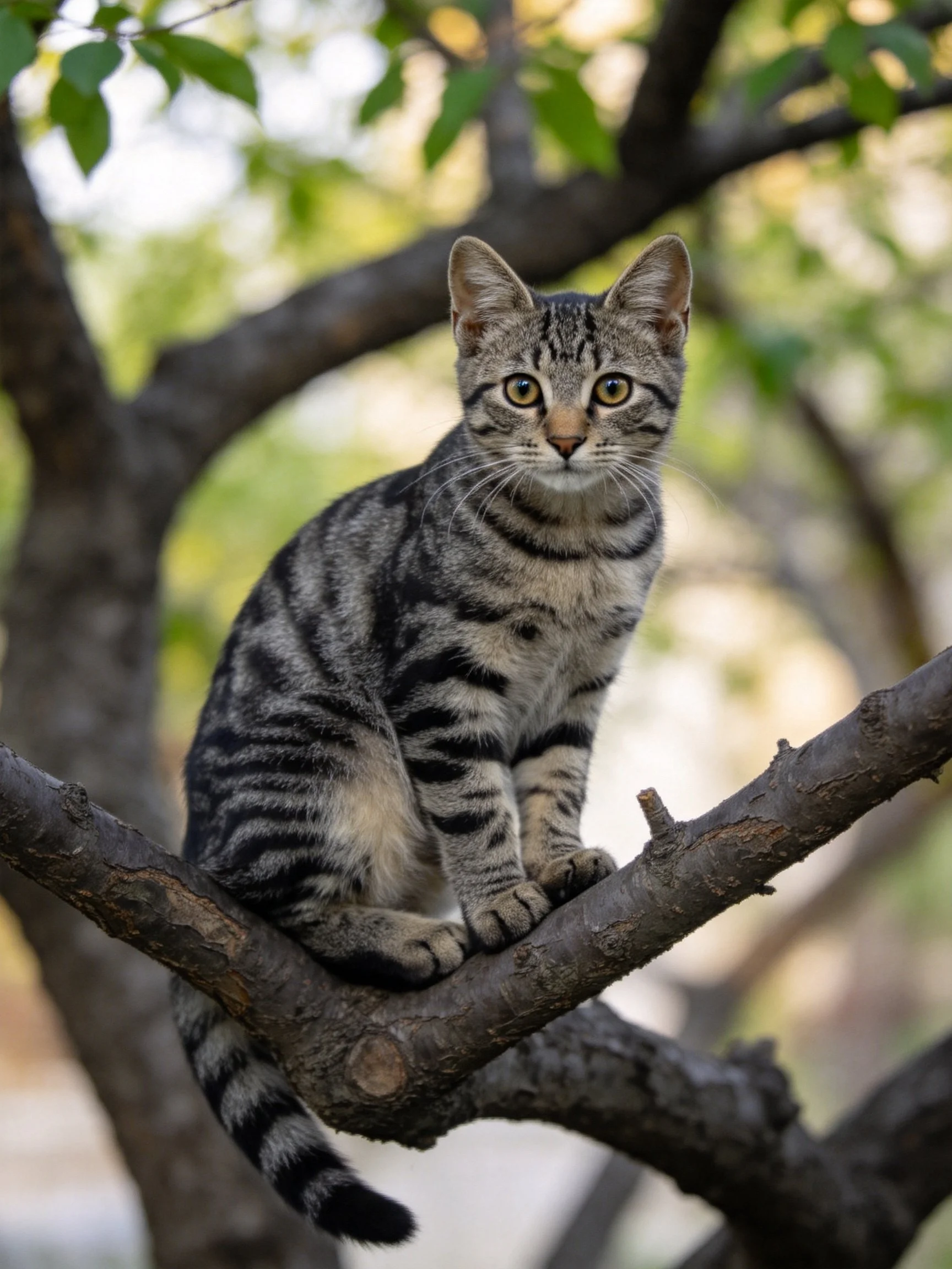 A gray and black striped cat perches on a thick tree branch