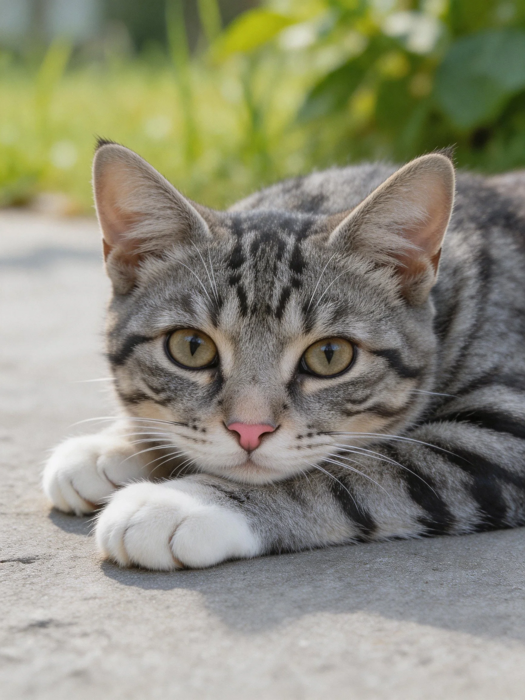 A gray and black striped cat rests peacefully on an outdoor concrete area.