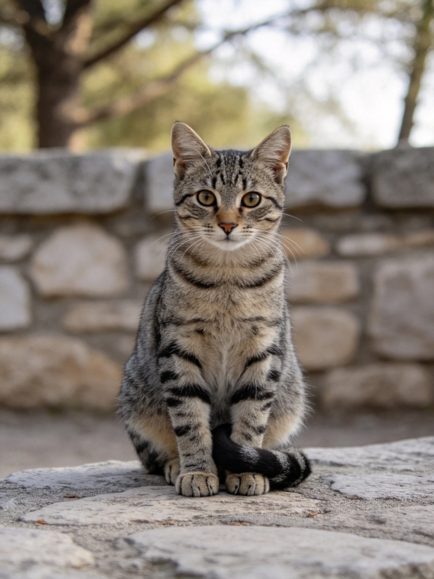 A gray and black striped cat sits on a stone ledge beside a stone wall