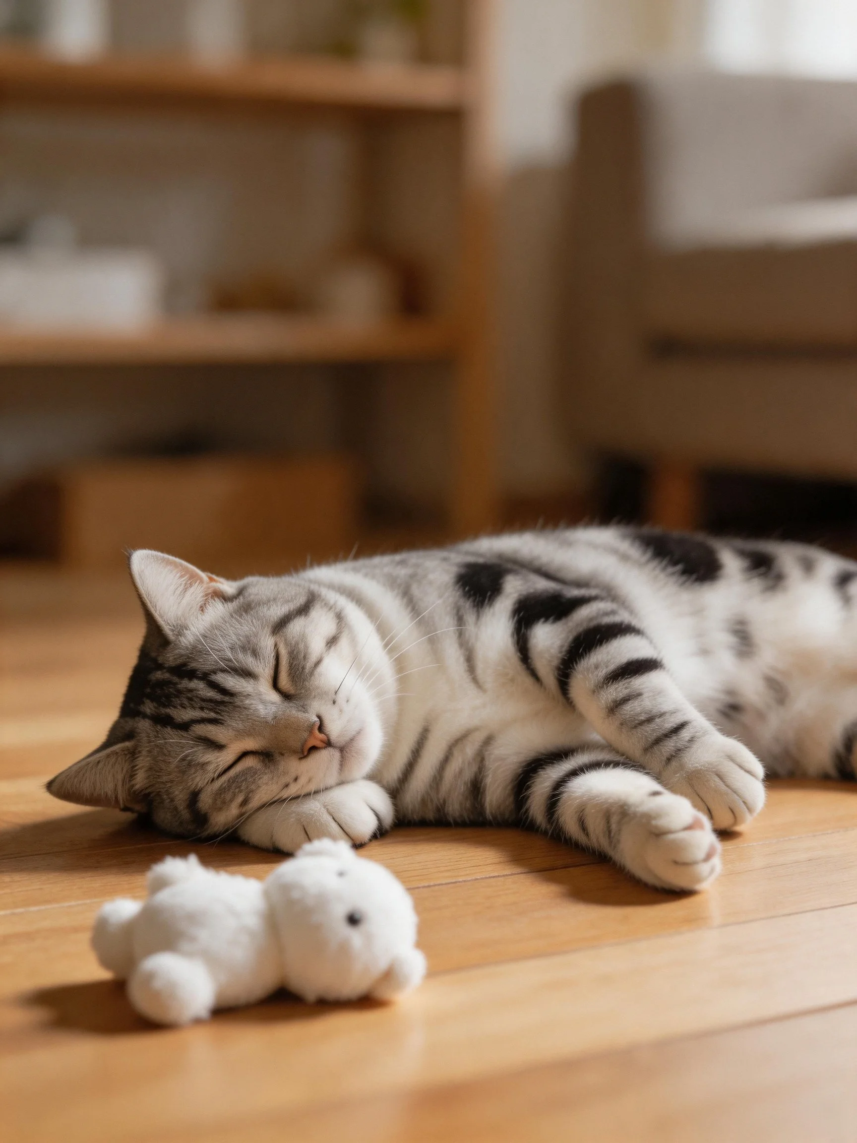 A gray and black striped cat sleeps beside a small white plush toy