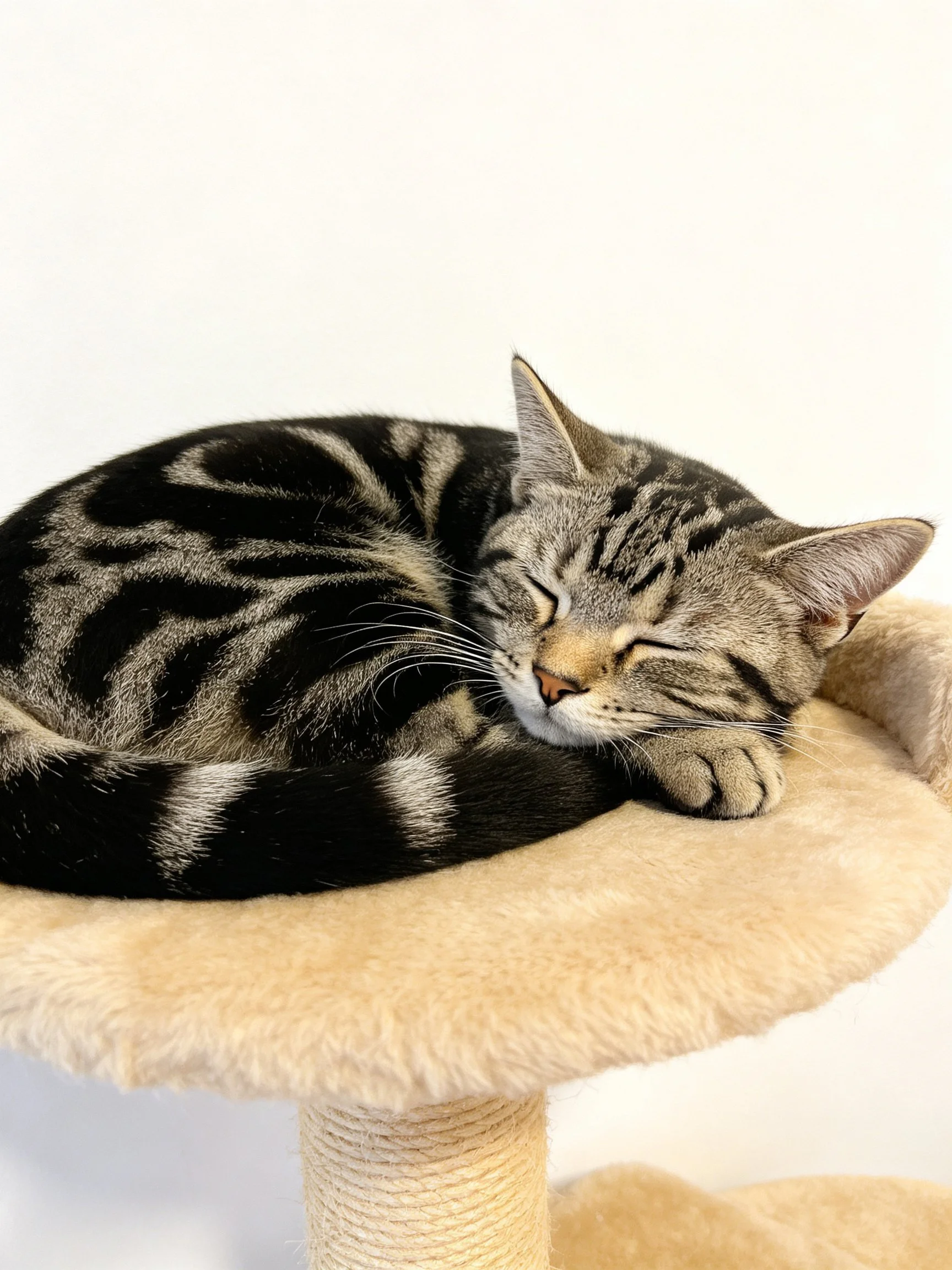 A gray and black striped cat sleeps on a plush beige cat tree