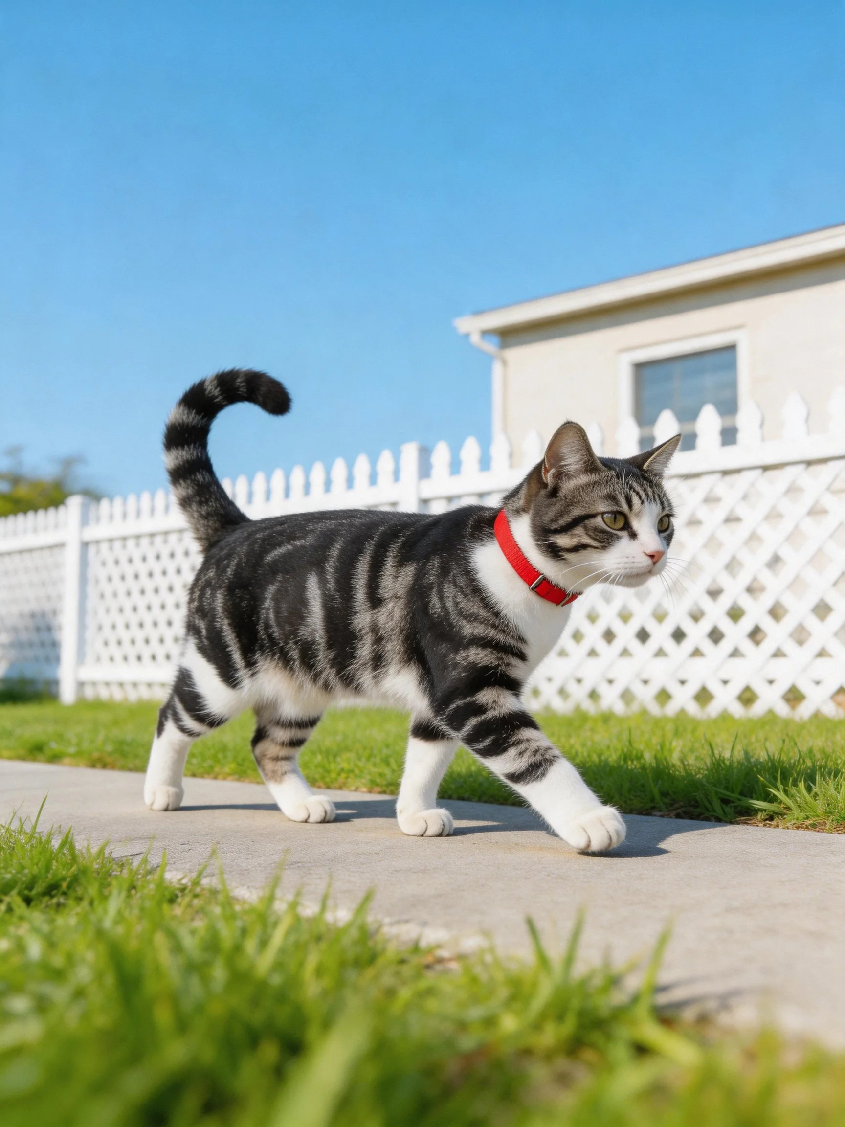 A tabby cat with a red collar walks near a white fence.