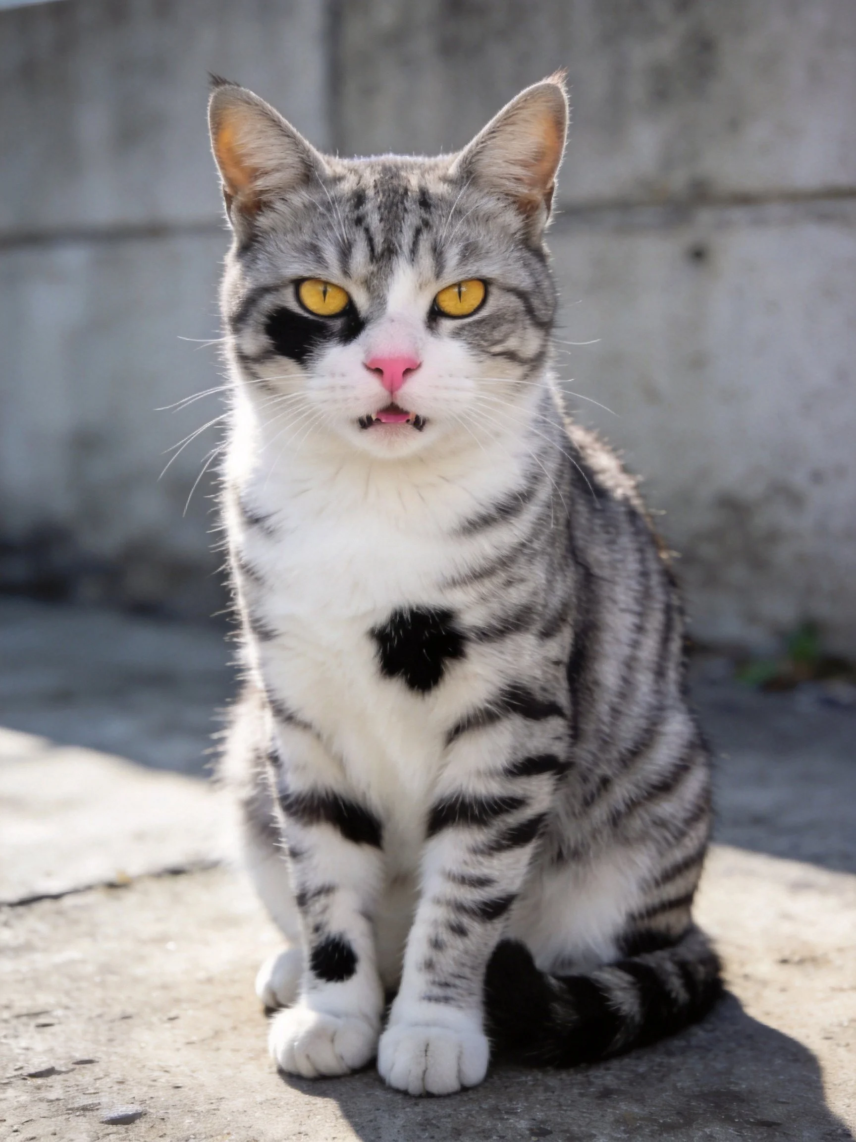 A gray and black striped cat with bright yellow eyes sits near a concrete wall.