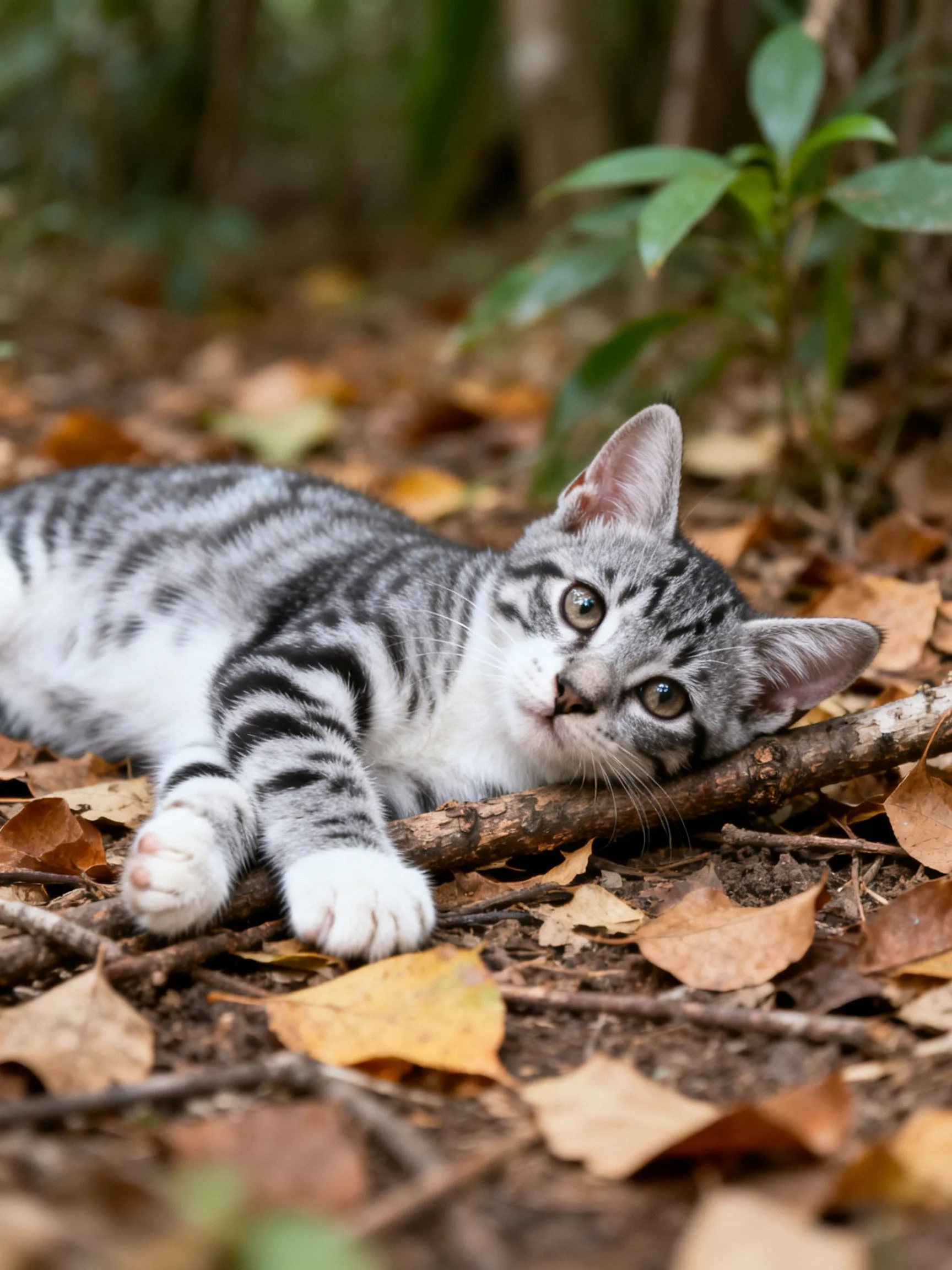 A gray and black striped kitten relaxes on autumn leaves beside a branch.