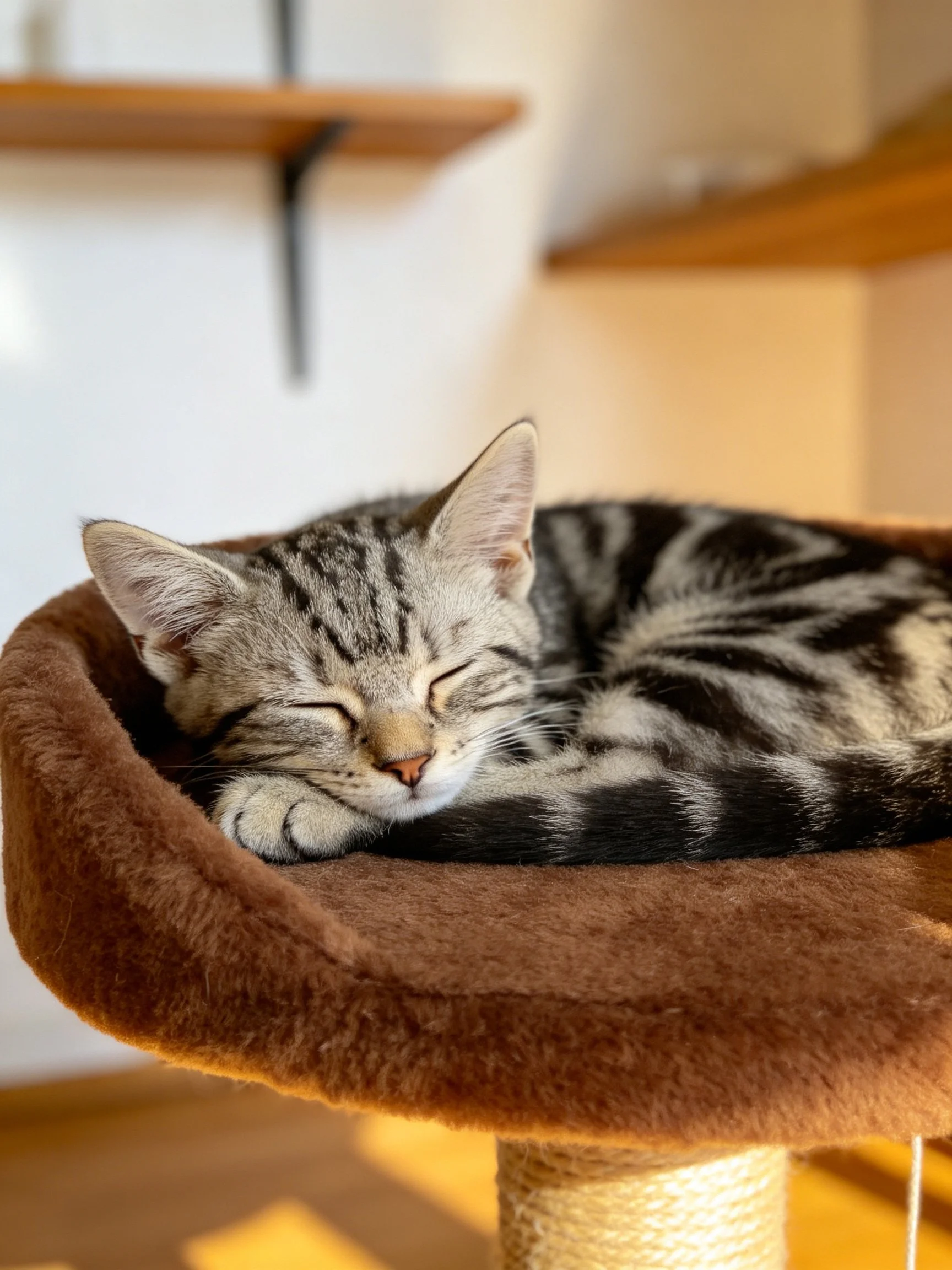 A gray and black striped kitten rests peacefully in a brown pet bed.