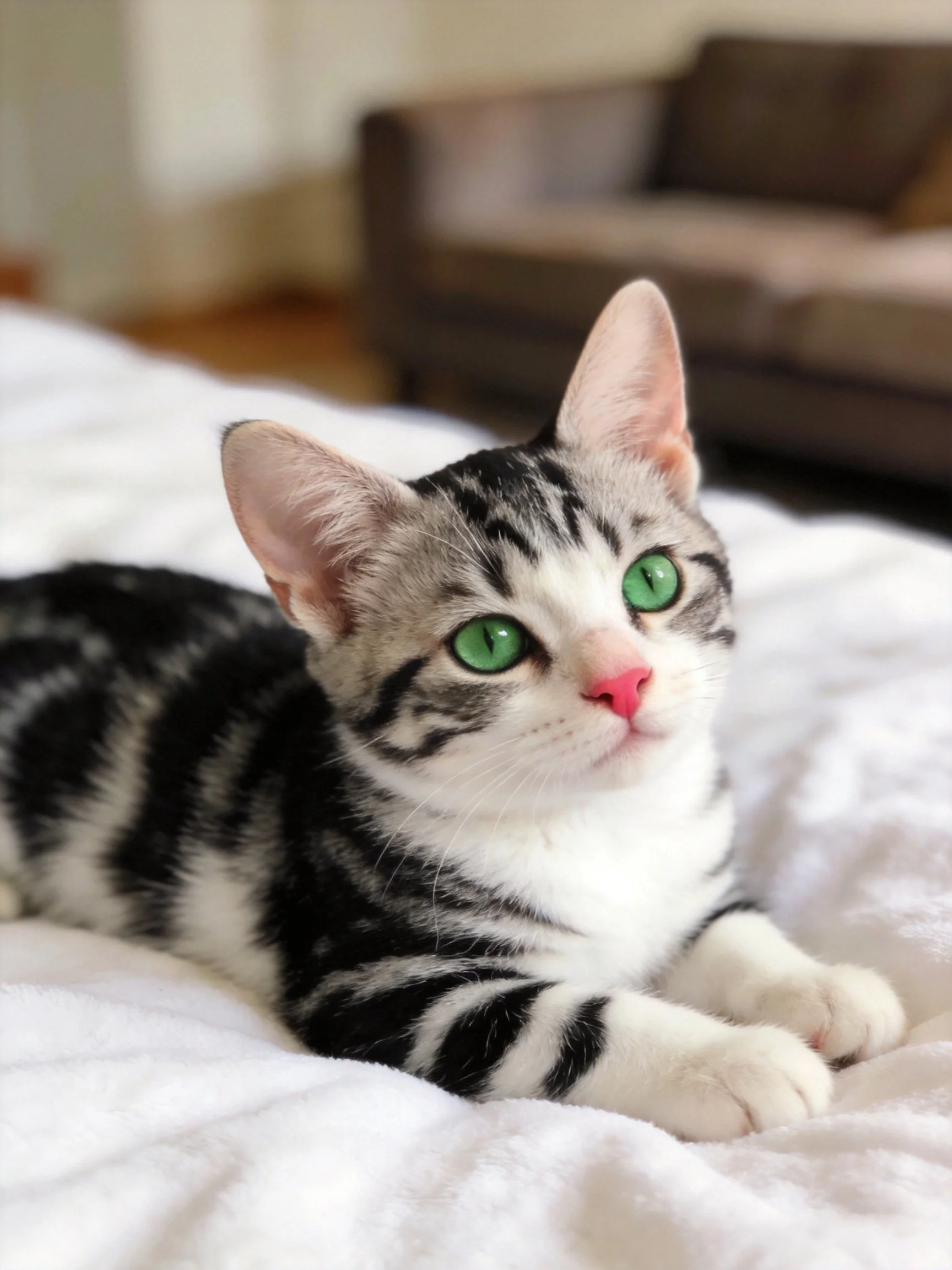 A gray and black striped kitten with bright green eyes rests on a white bed
