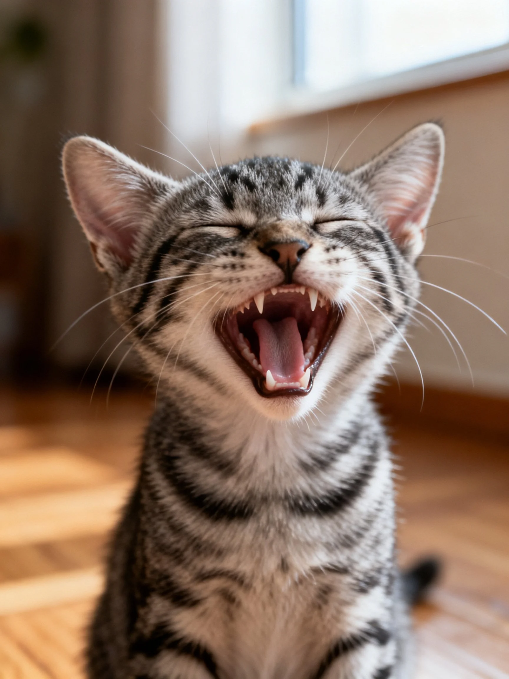 A tabby kitten yawns widely with eyes closed in an indoor space.