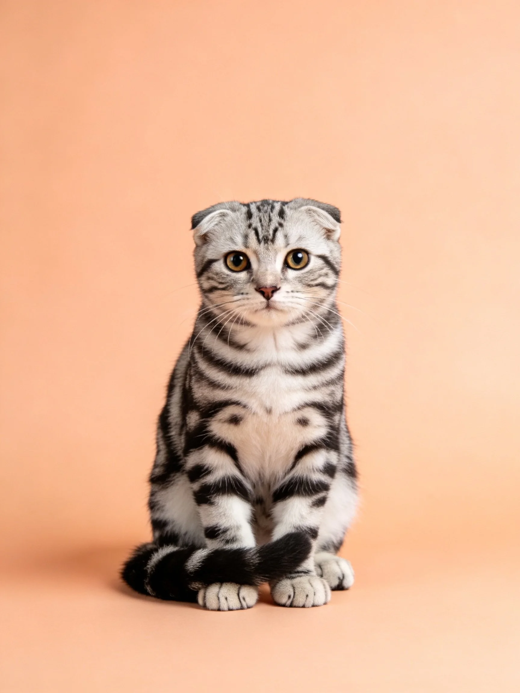 A gray and black tabby Scottish Fold kitten sits on a peach background