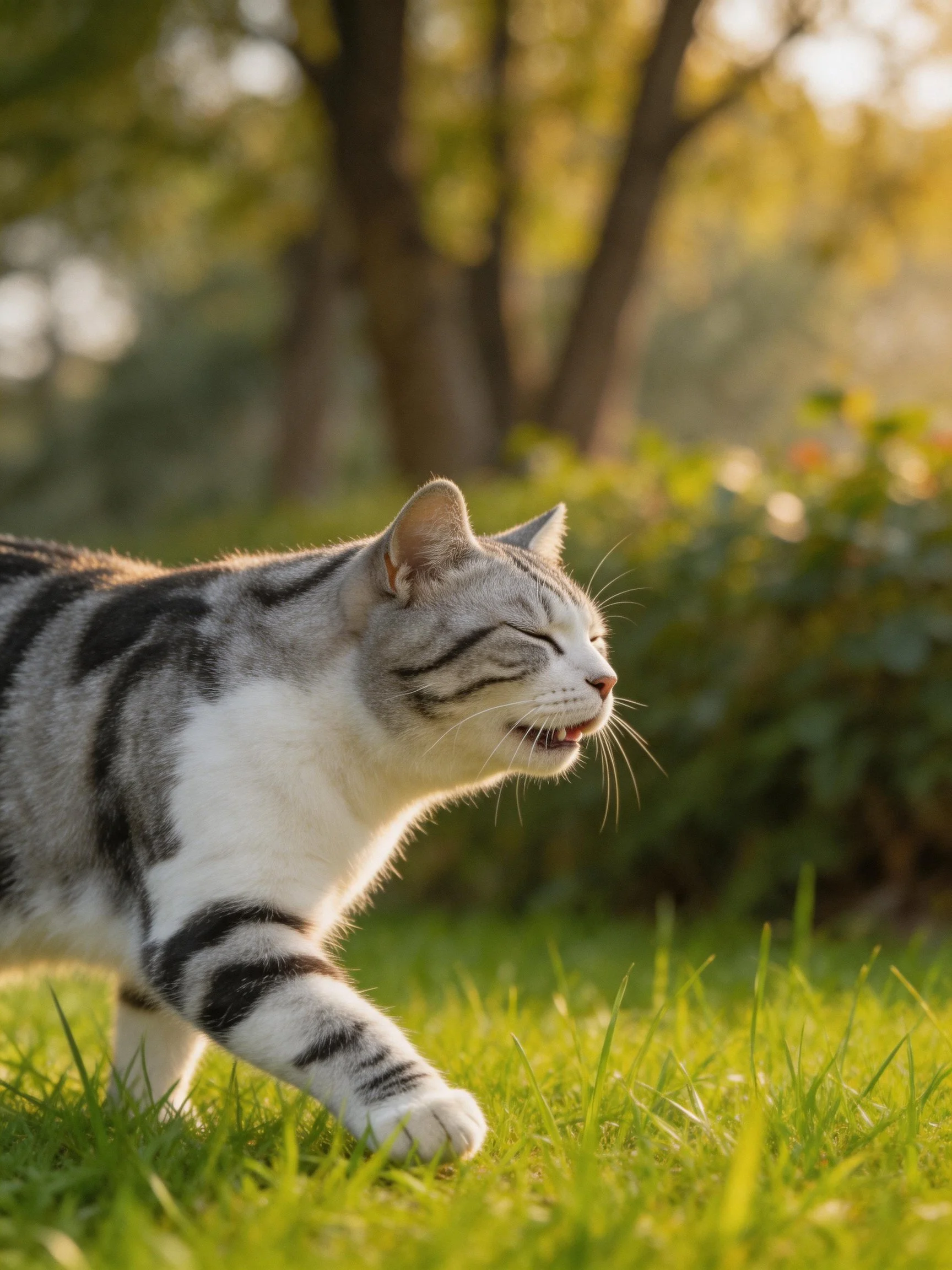 A gray and black tabby cat explores sunlit green grass near trees