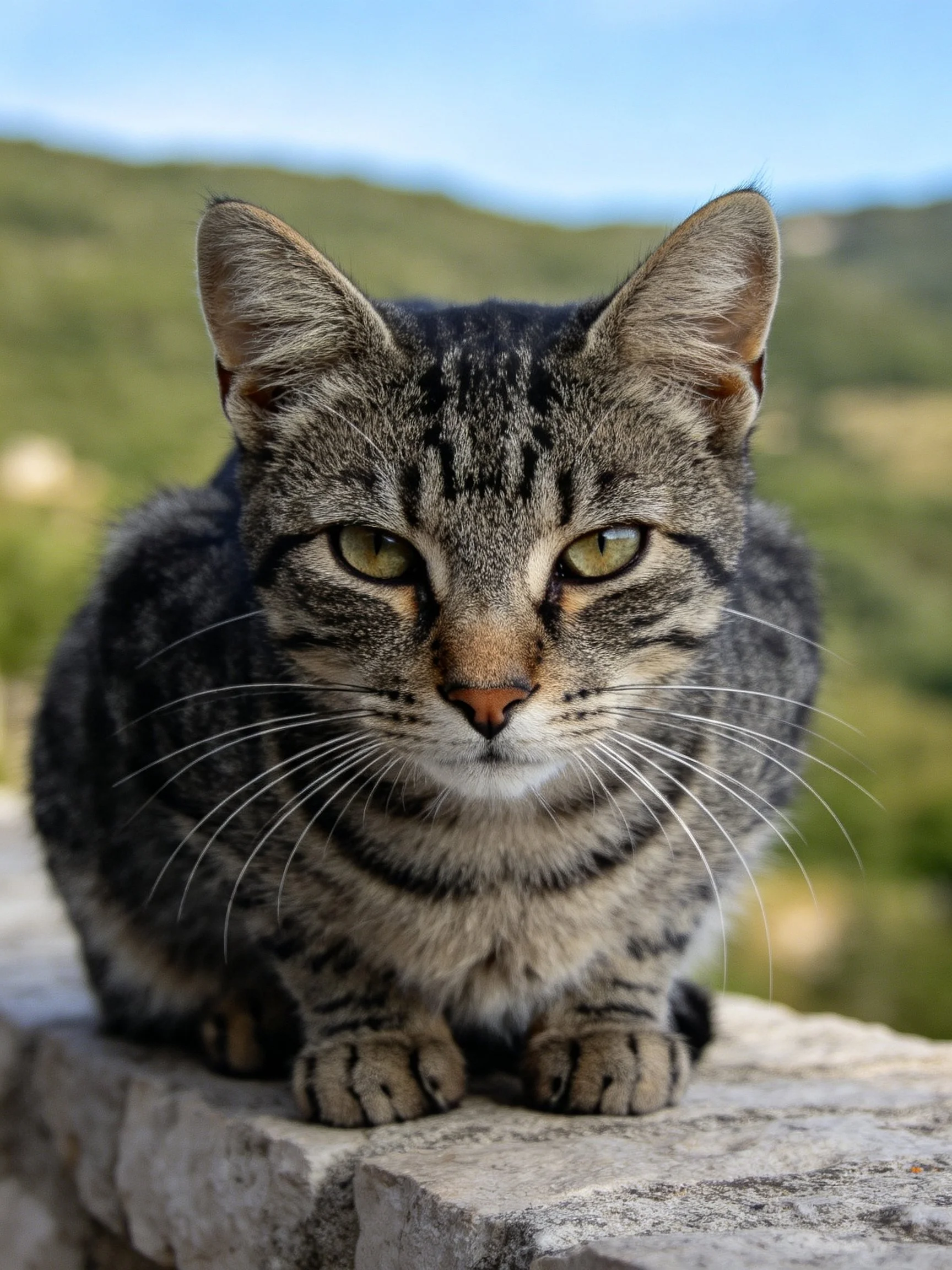 A gray and black tabby cat sits on a stone ledge with a blurred natural backdrop.