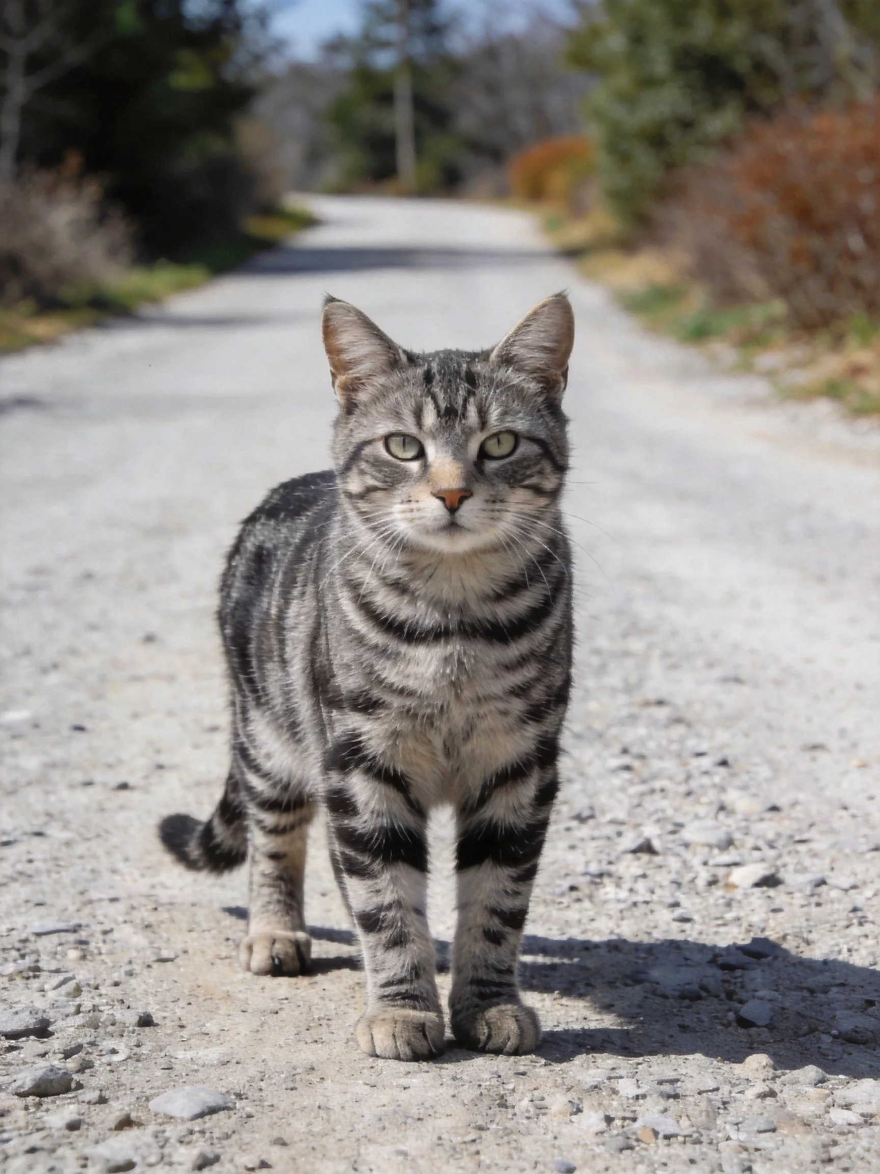A gray and black tabby cat stands alone on a gravel road in a natural setting
