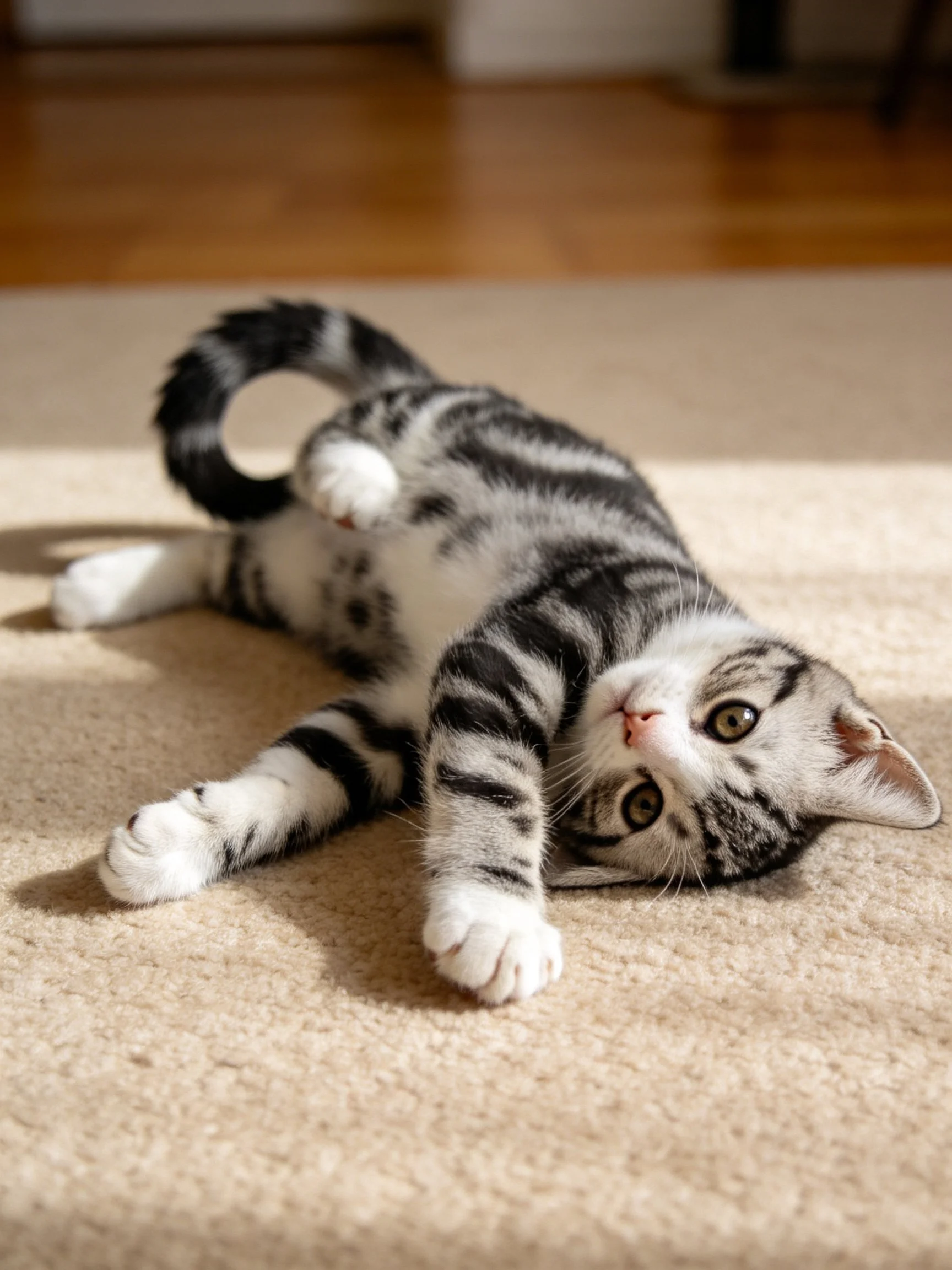 A gray and black tabby kitten playfully lies on a beige carpet in bright light