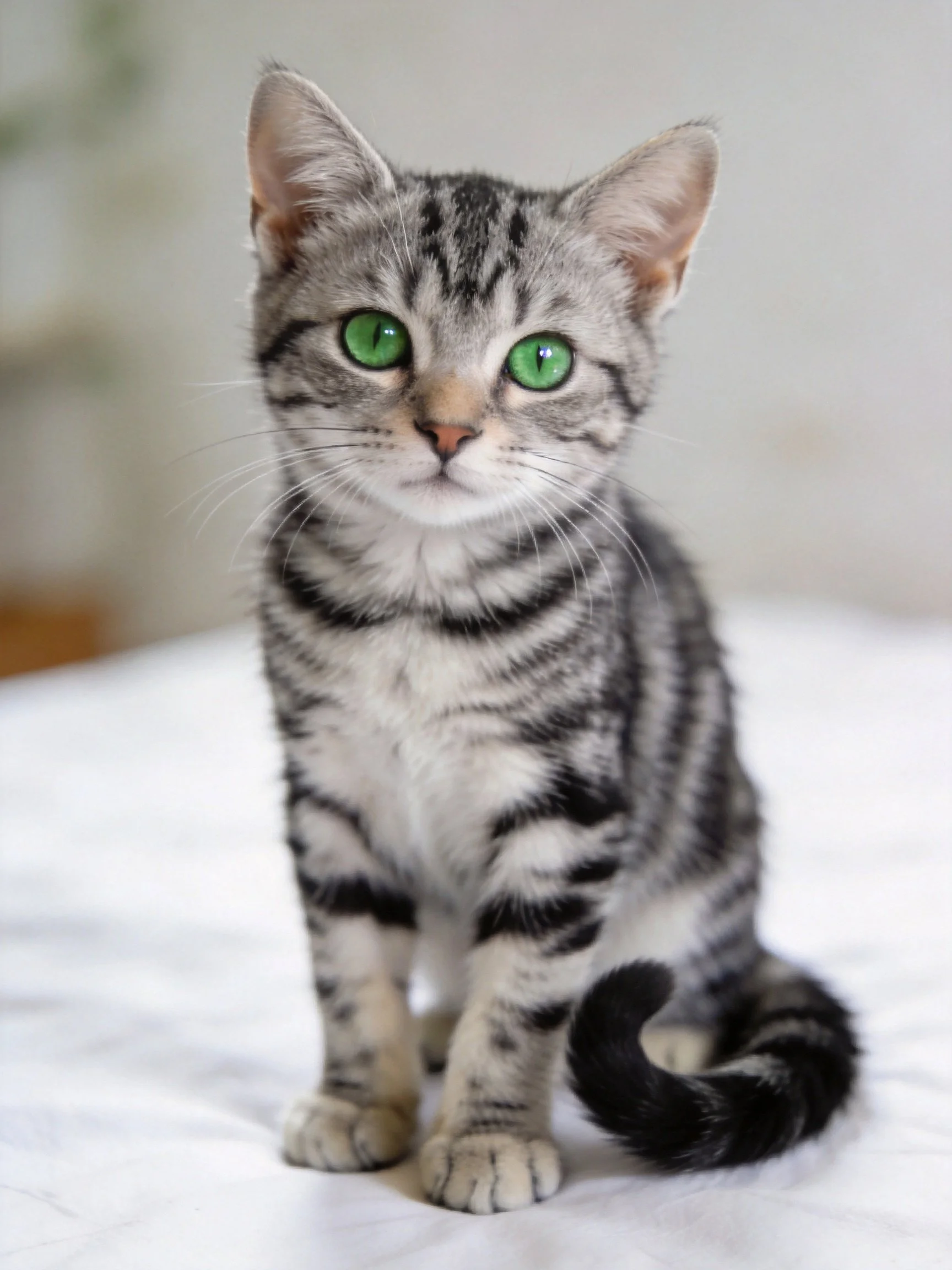 A gray and black tabby kitten with bright green eyes sits on a white surface.