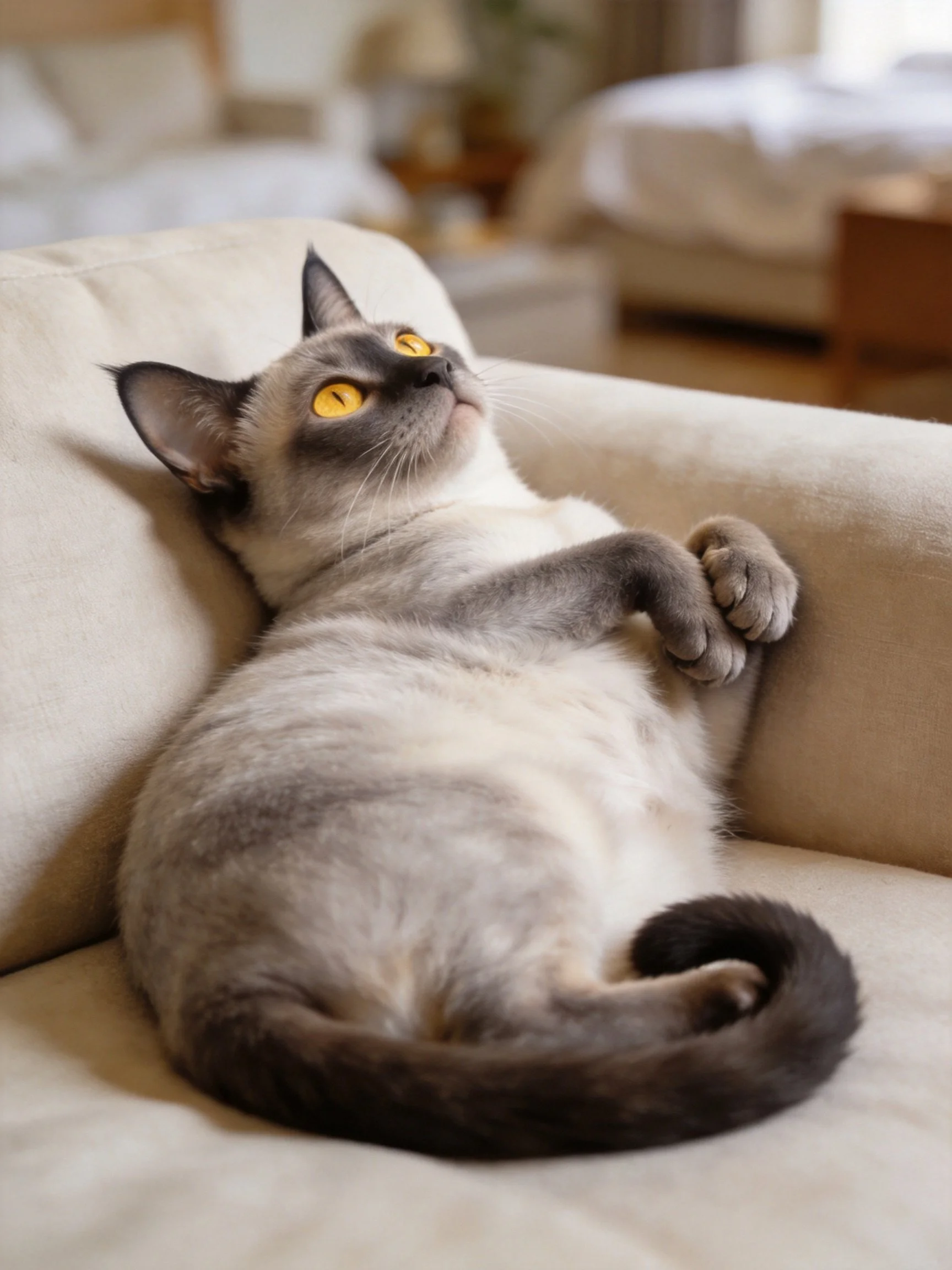 A gray-and-white Siamese cat rests on a beige couch with bright yellow eyes