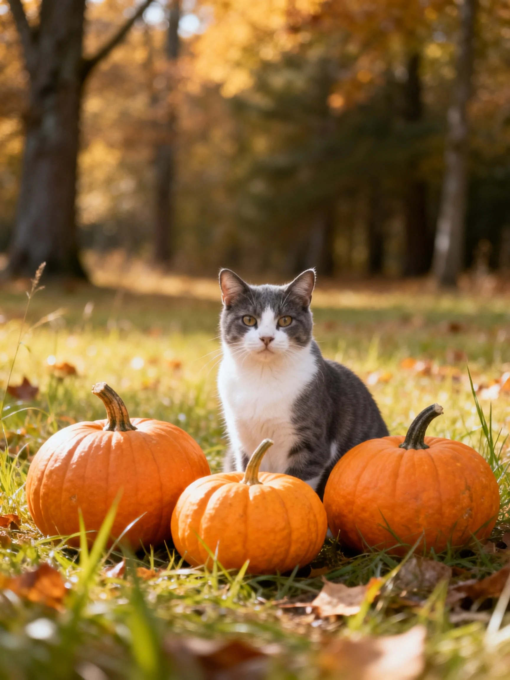 A gray-and-white cat sits beside three orange pumpkins in a sunlit autumn landscape.