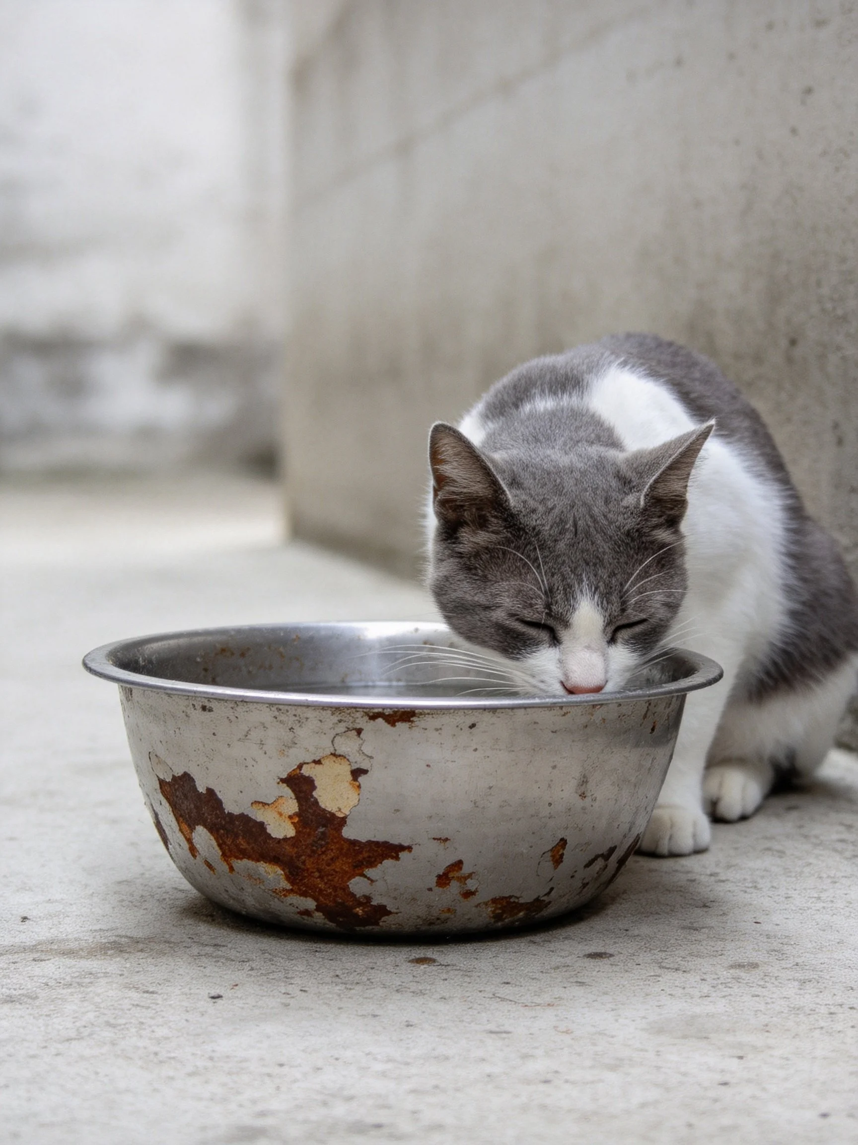 A gray-and-white cat drinks from a weathered, rust-stained metal bowl