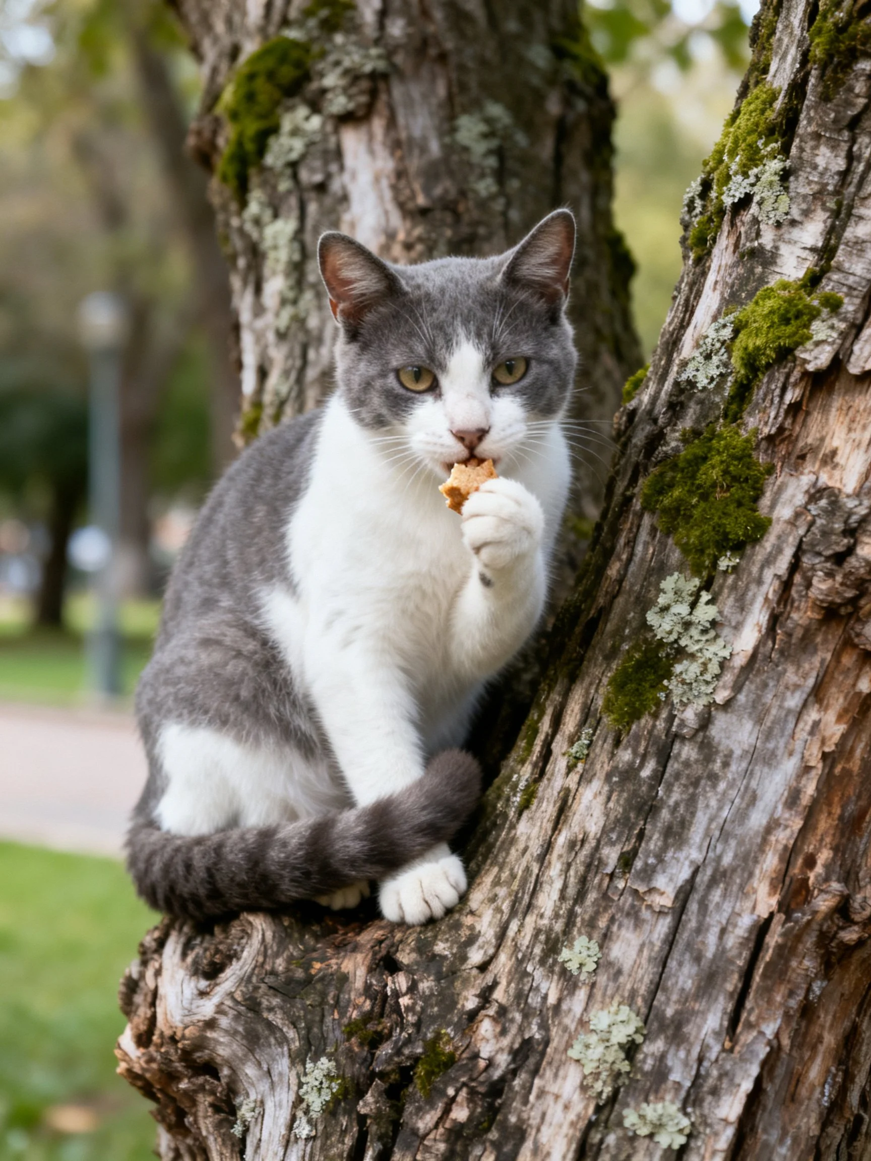 A gray and white cat eats near moss-covered tree bark