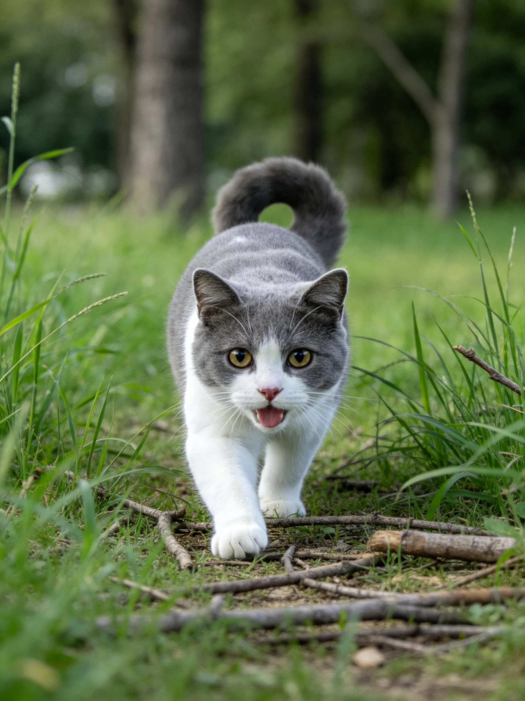 A gray and white cat explores a grassy forest area