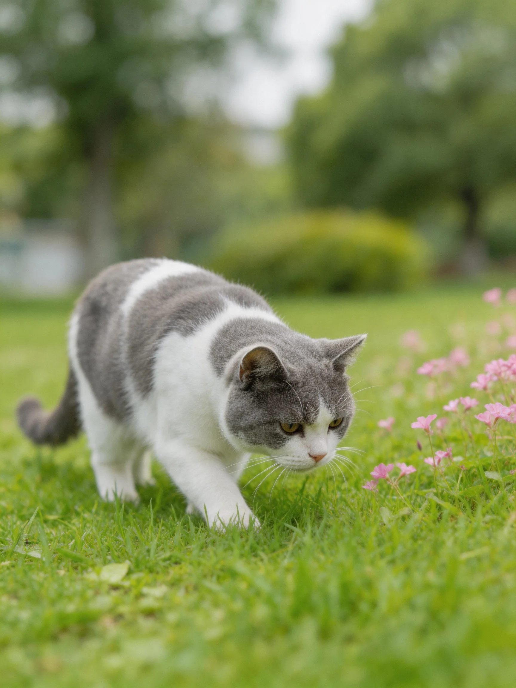 A gray-and-white cat explores a grassy lawn with pink blooms