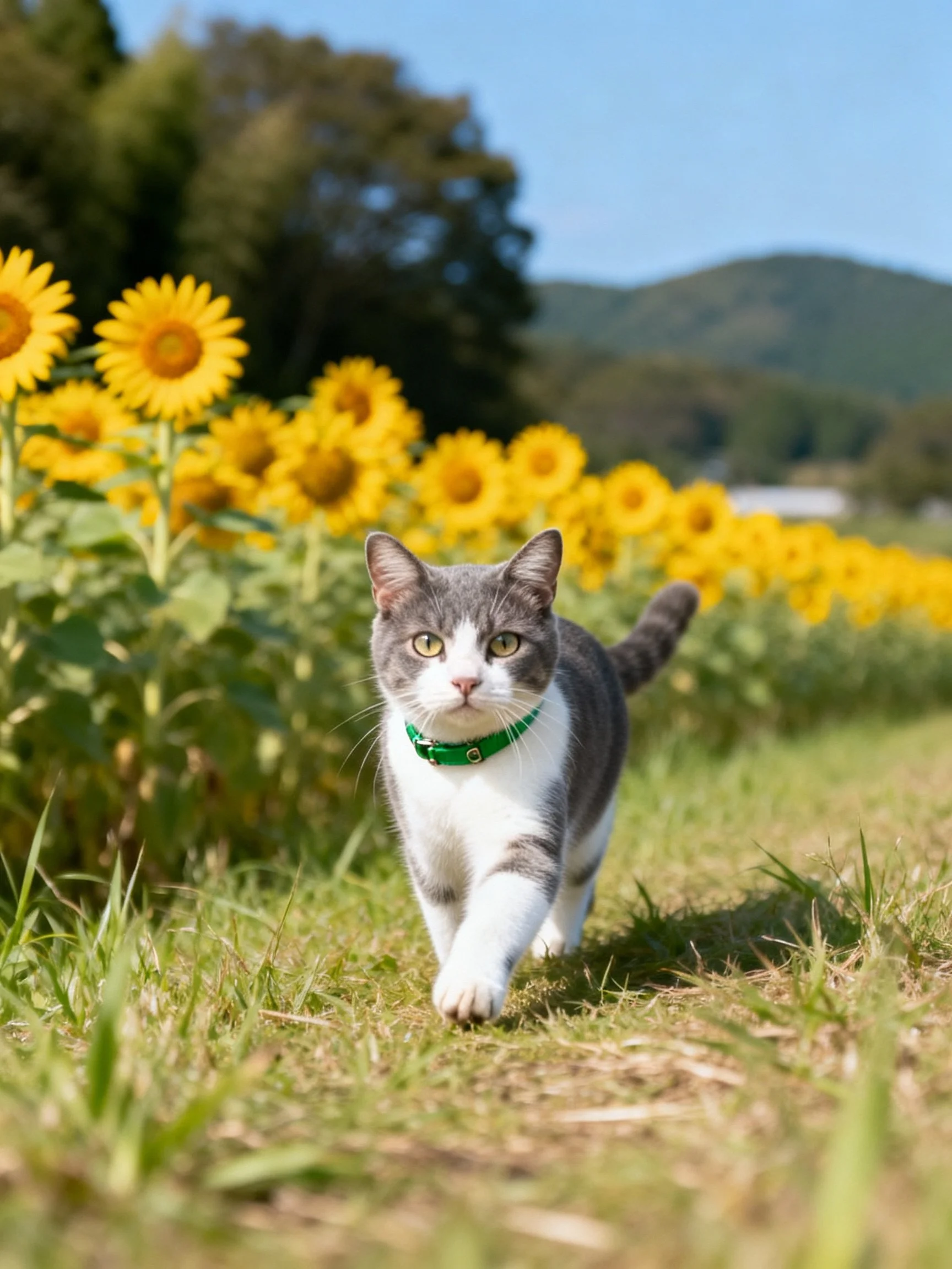 A gray and white cat explores a sunflower-filled countryside path