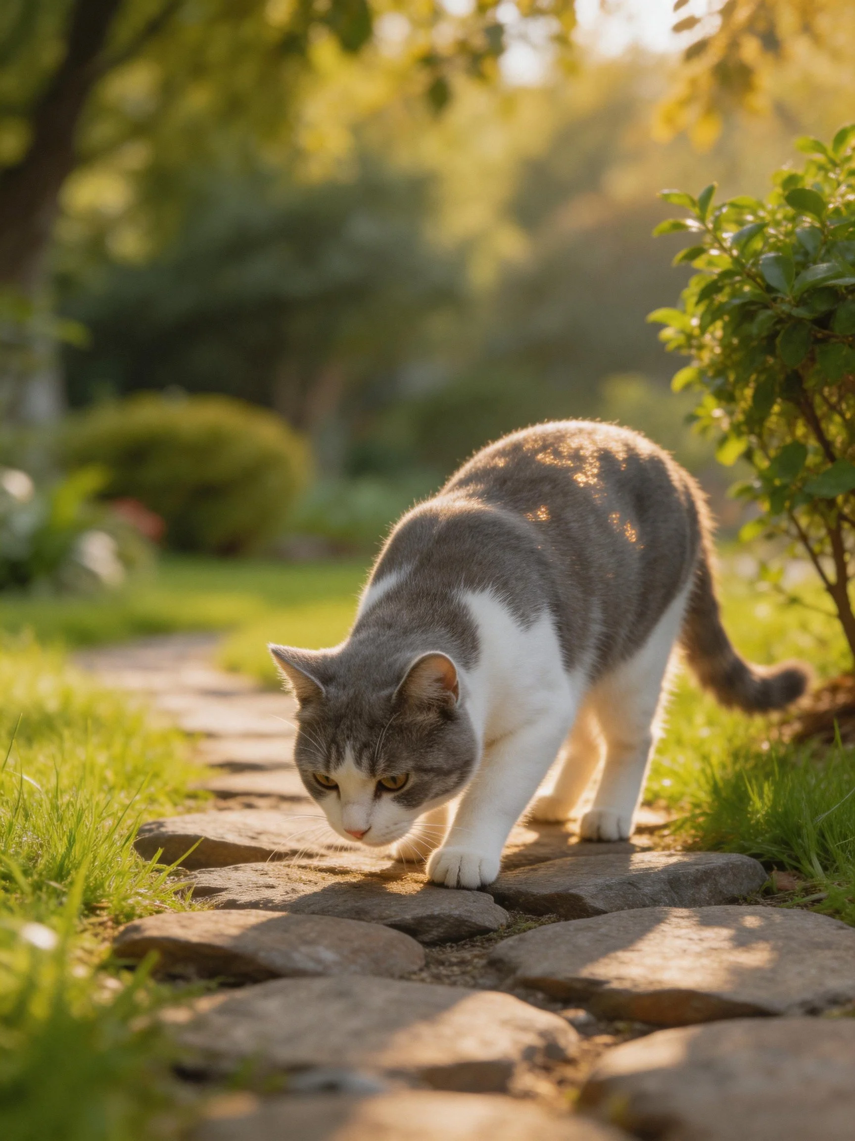A gray-and-white cat explores a sunlit stone path in a verdant garden