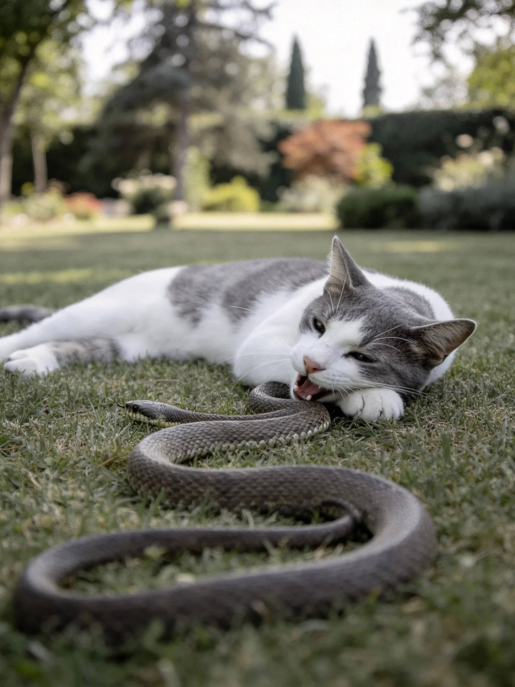 A gray and white cat interacts with a dark snake on green grass