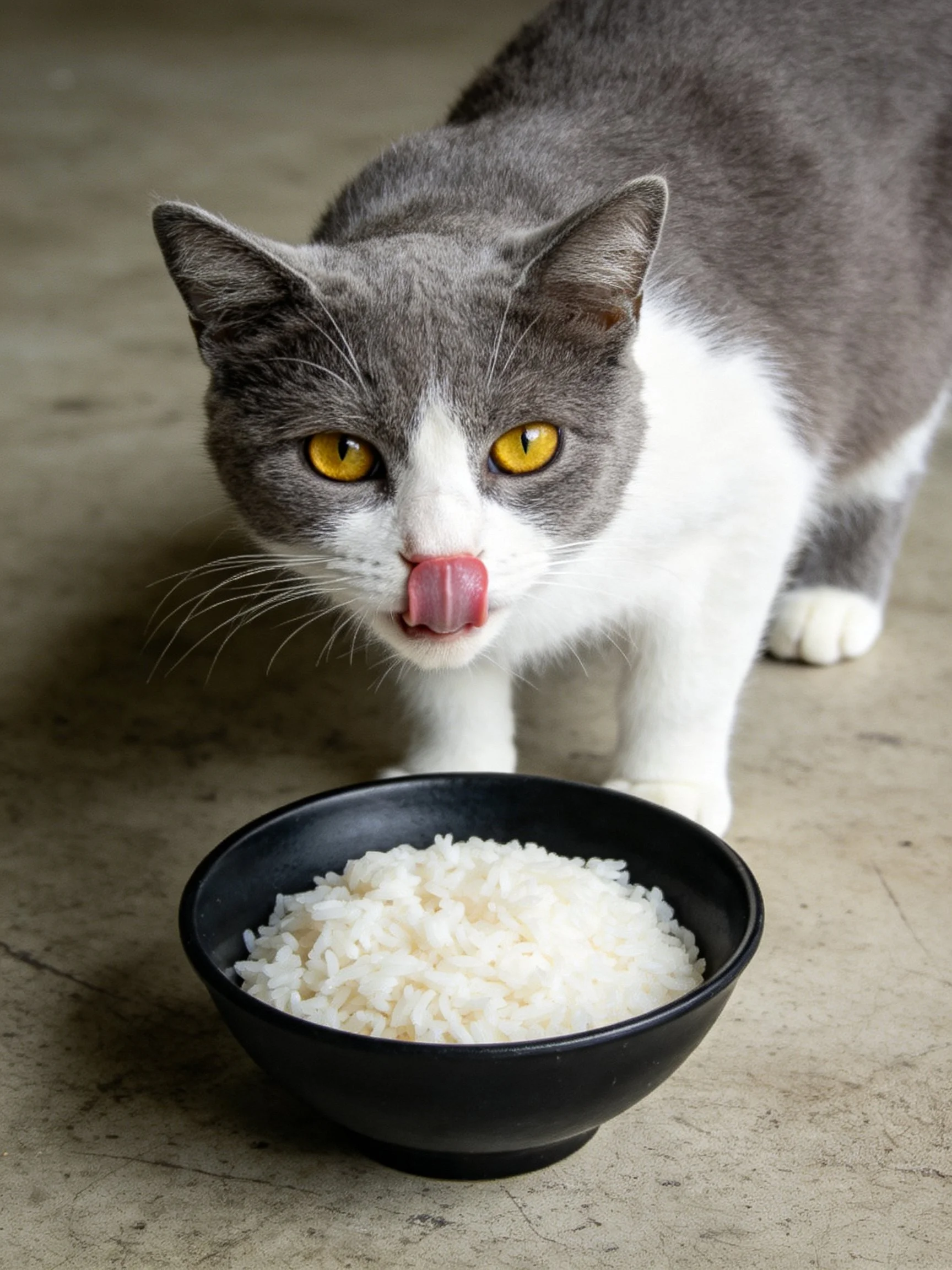 A gray-and-white cat licks near a black bowl of white rice