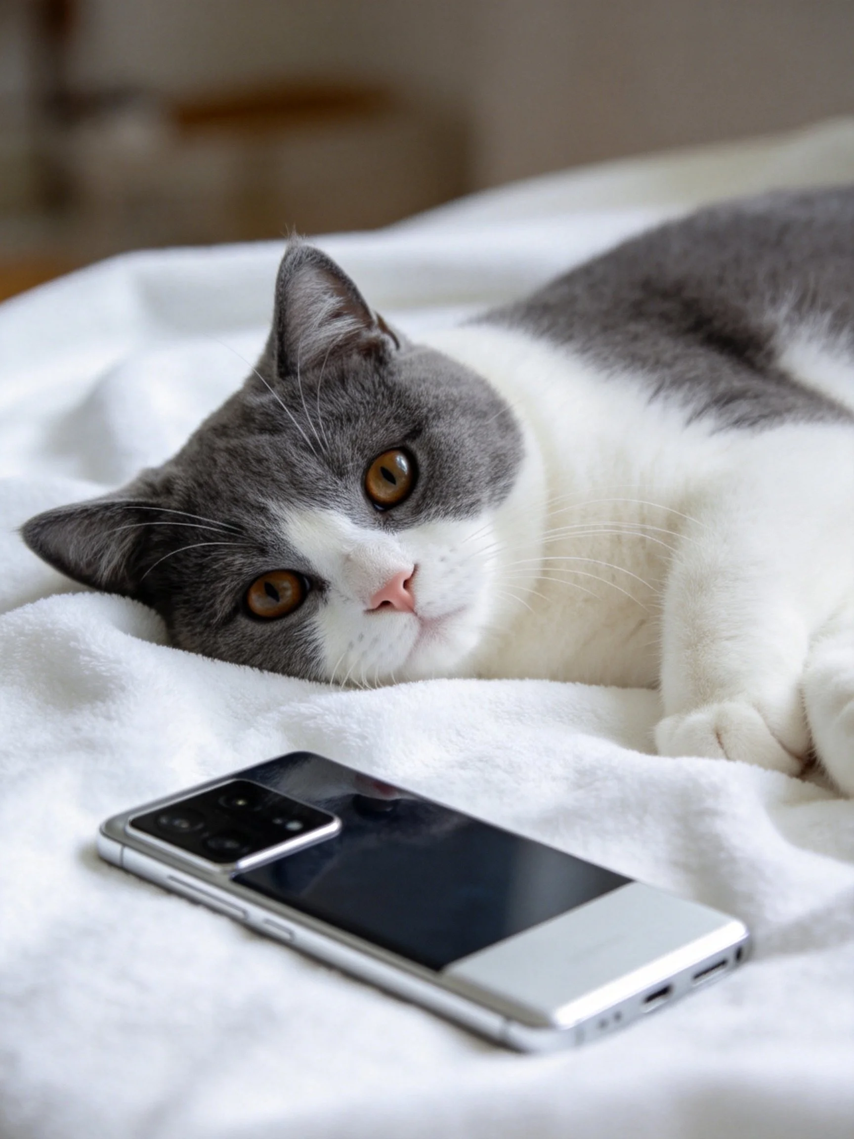 A gray and white cat lies next to a silver smartphone on white fabric