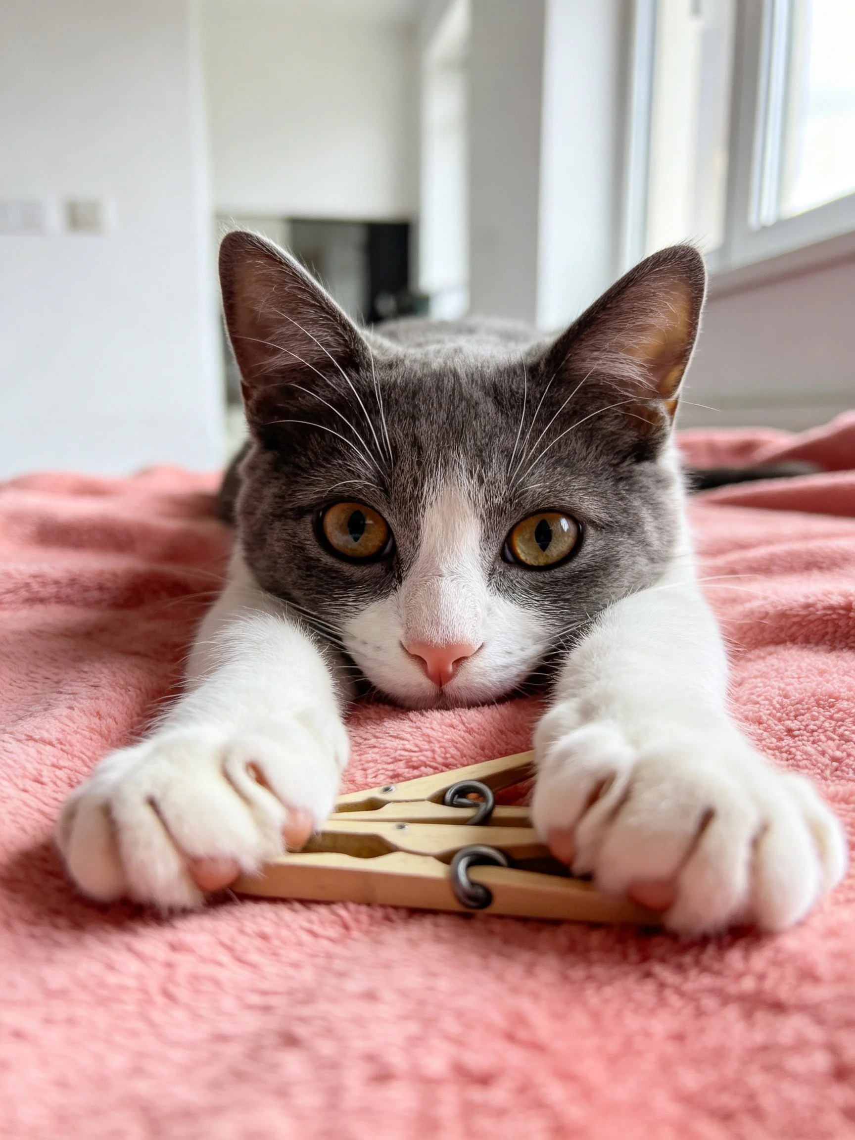 A gray-and-white cat lies on a pink towel with wooden clothespins