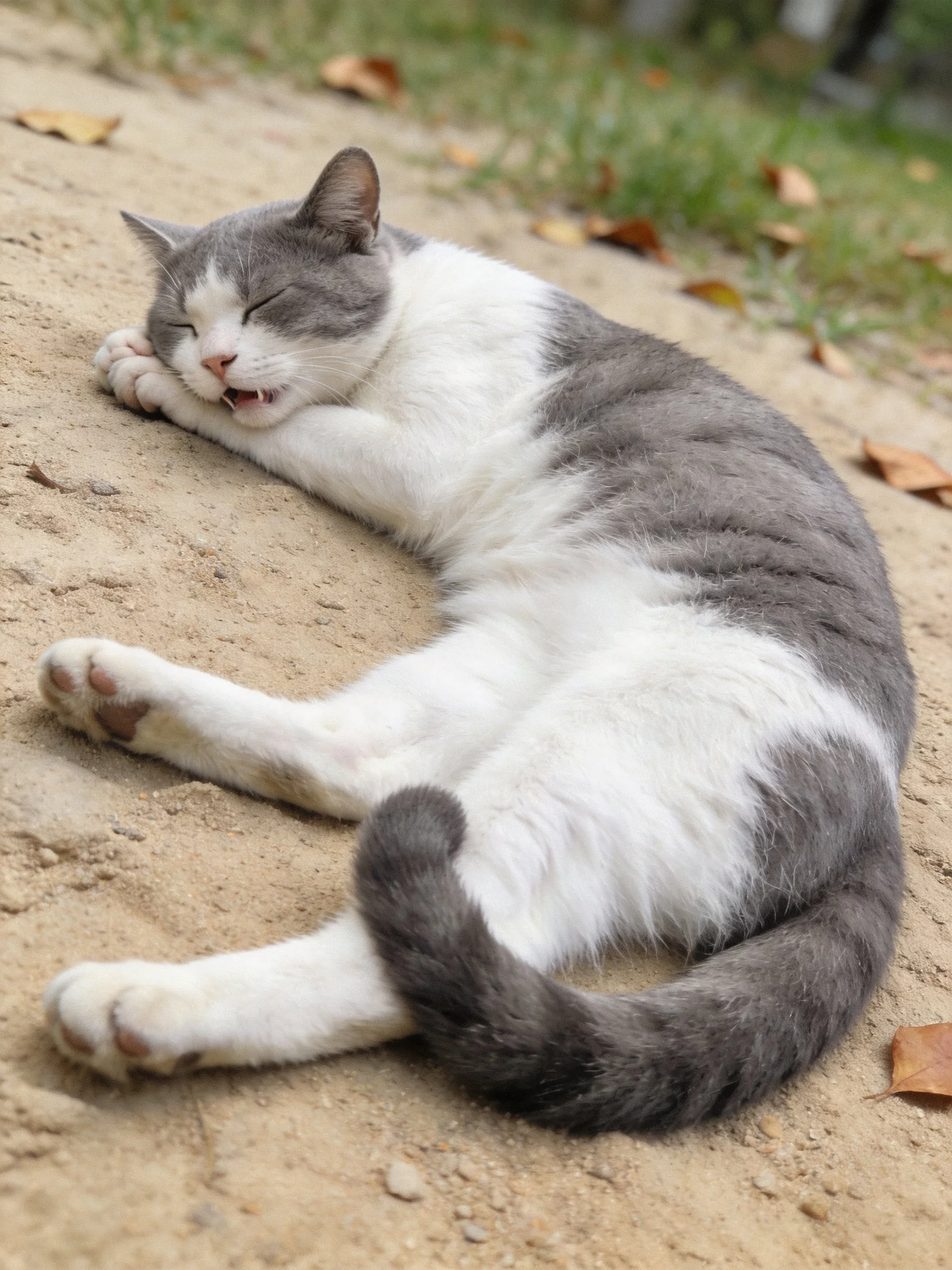 A gray and white cat lies relaxed on sandy ground with scattered leaves