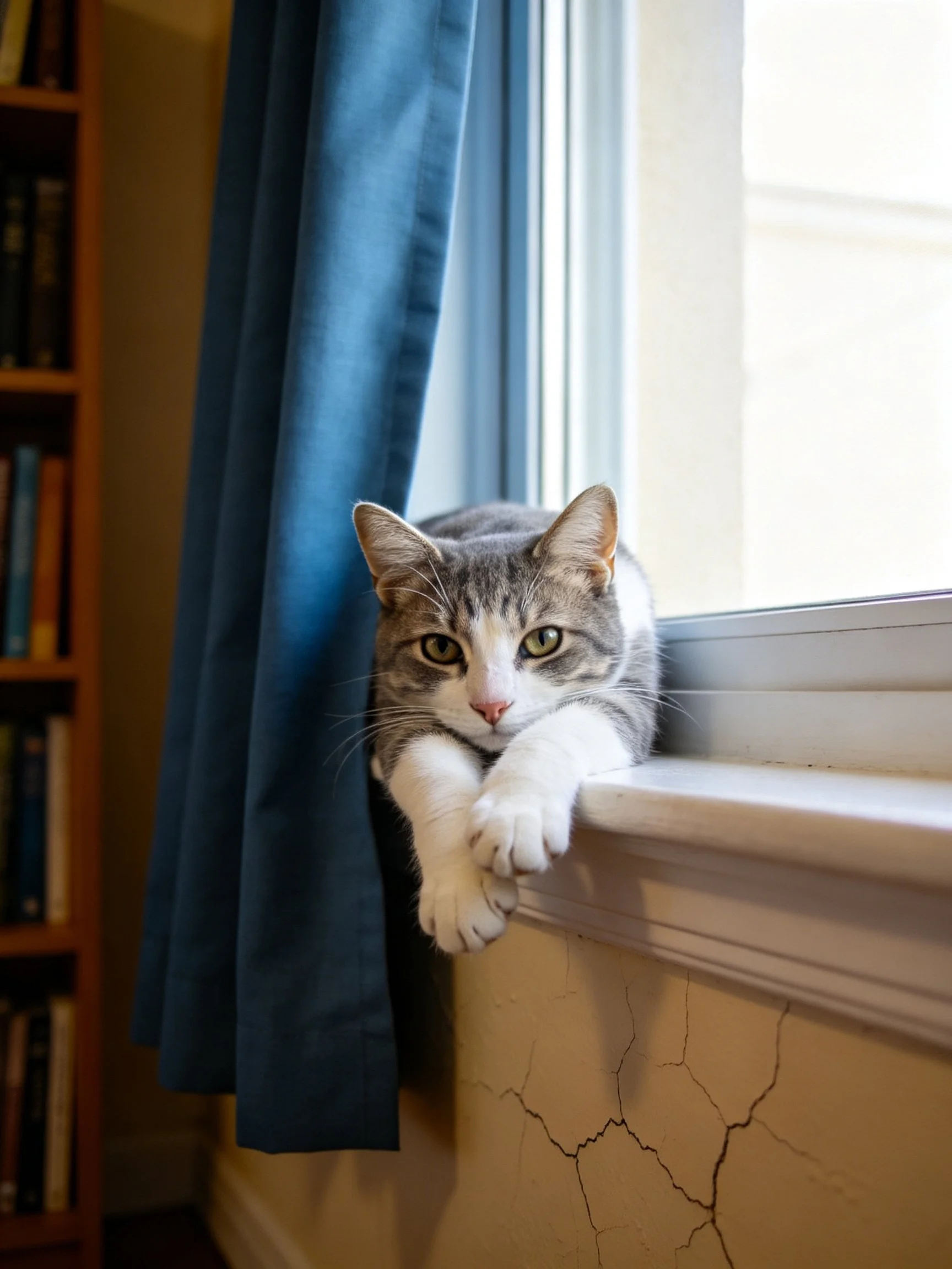 A gray and white cat lounges by a blue curtain at a sunlit window