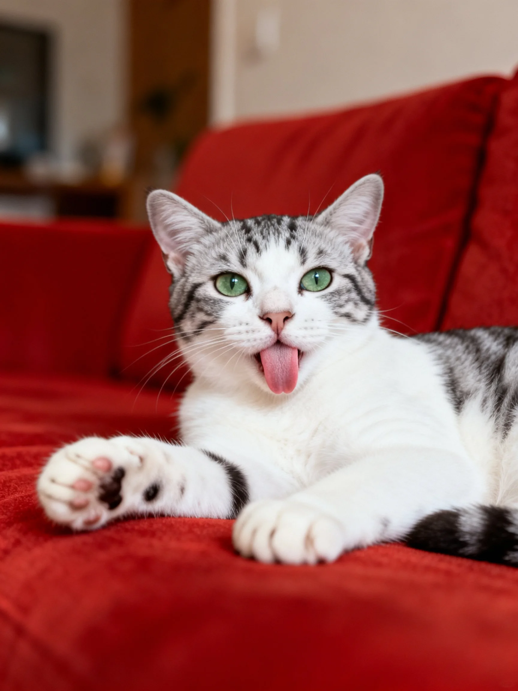 A gray - and - white cat lounges on a bright red couch with its tongue out