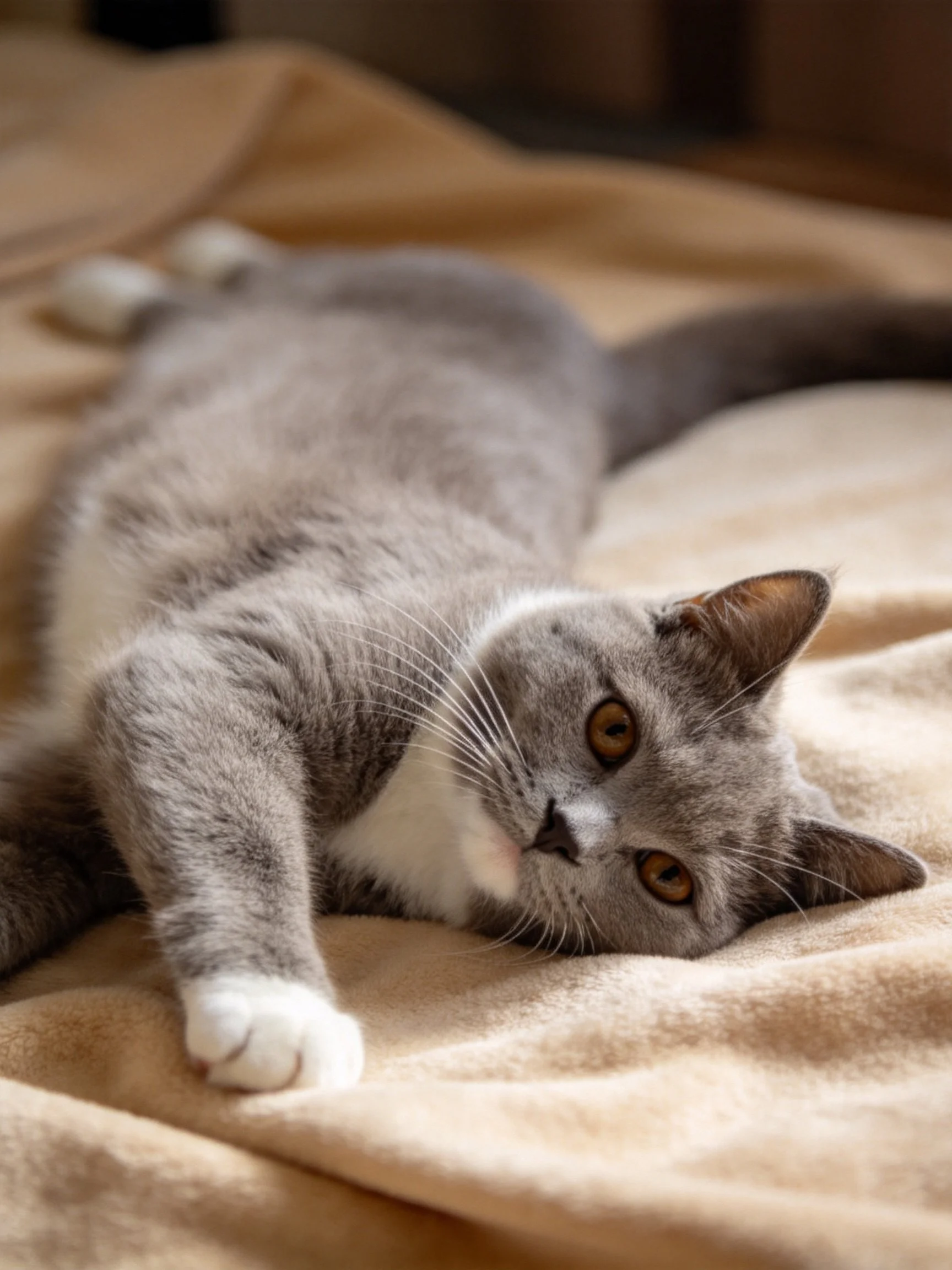 A gray and white cat lounges on a soft beige blanket