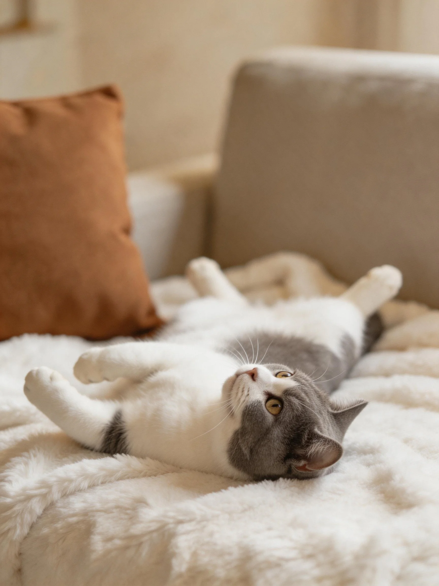 A gray-and-white cat lounges on a soft white blanket beside brown cushions