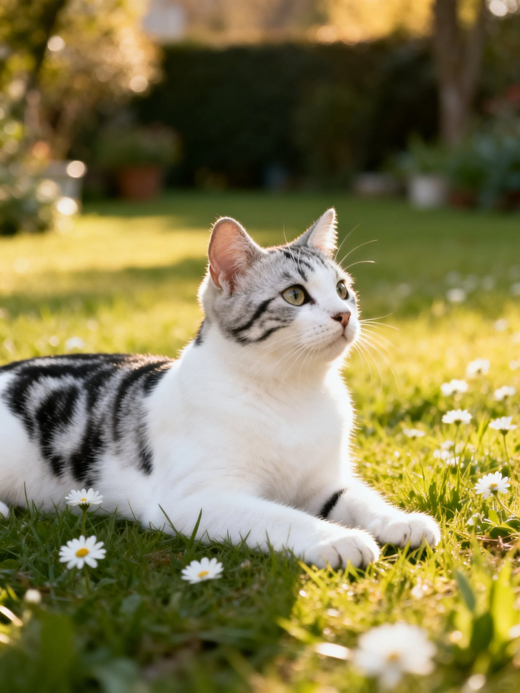 A gray-and-white cat lounges on sunlit grass with daisies