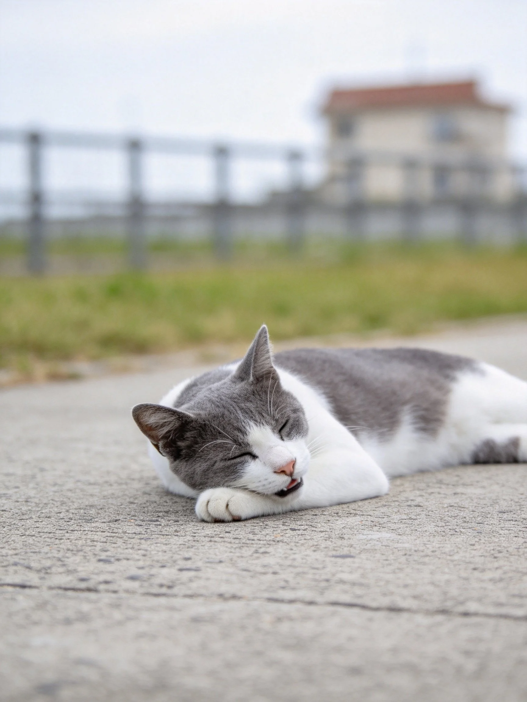 A gray and white cat napping on a concrete path near a fence