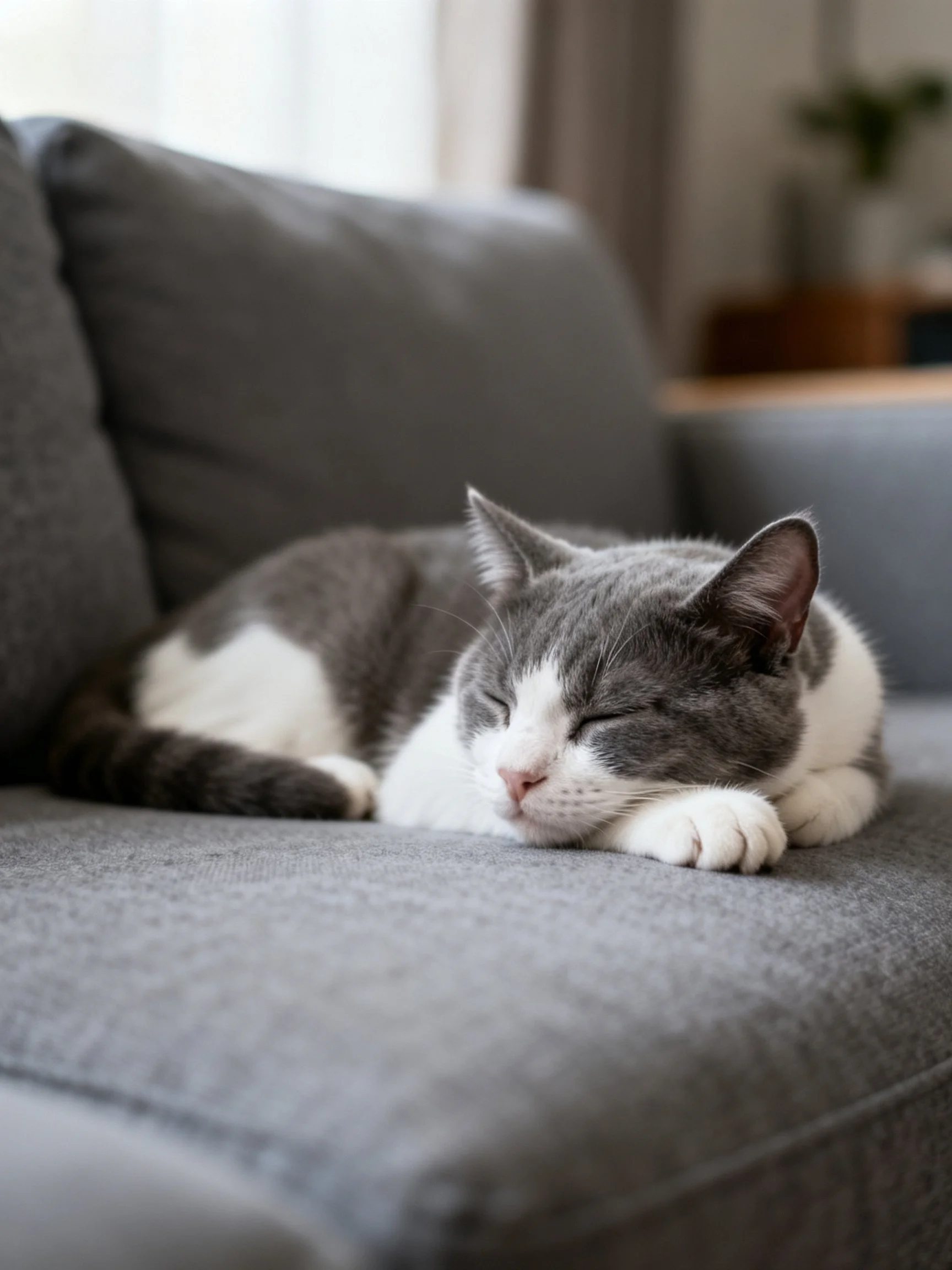 A gray and white cat napping on a gray sofa