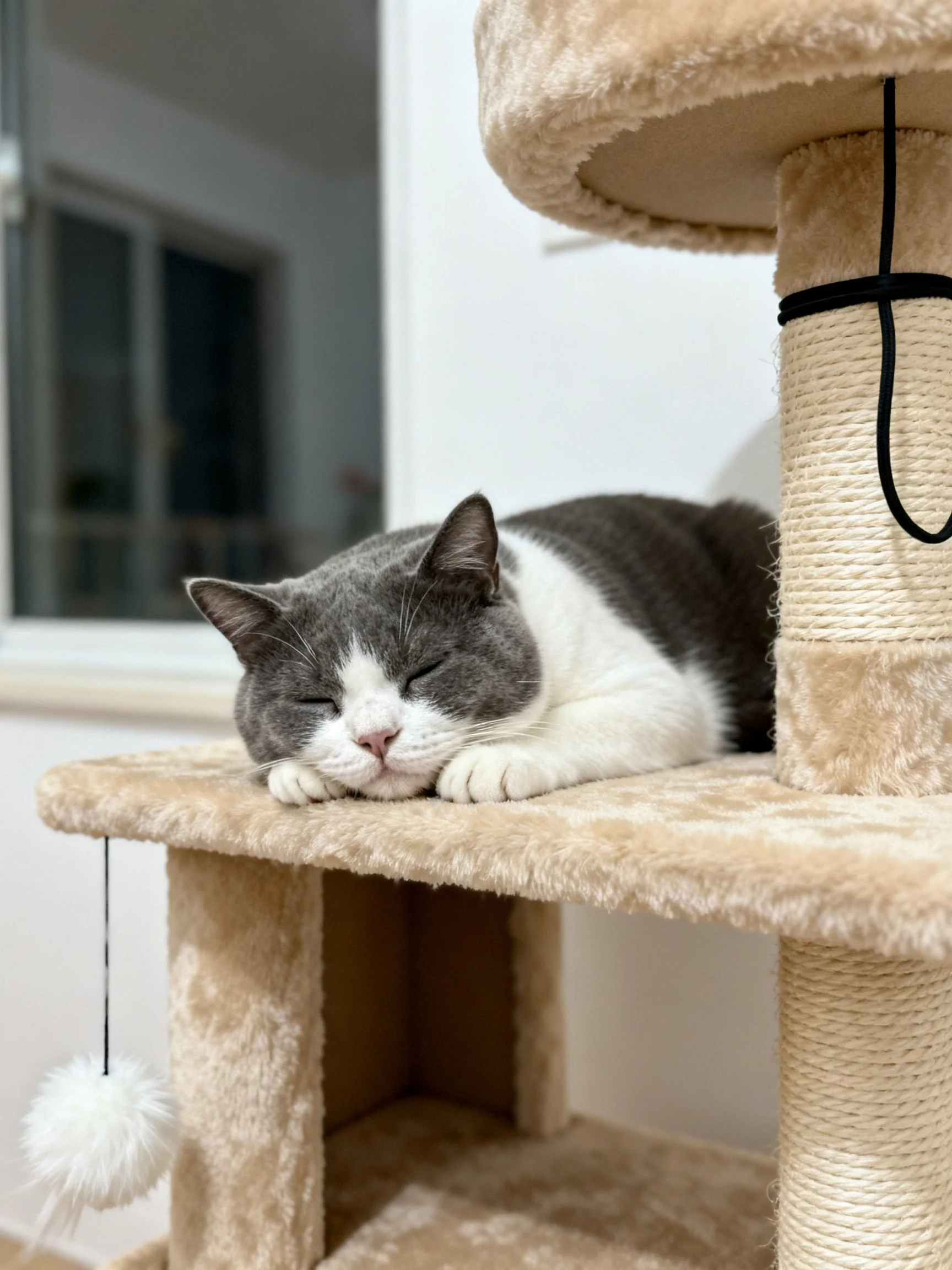 A gray and white cat napping on a plush cat tree