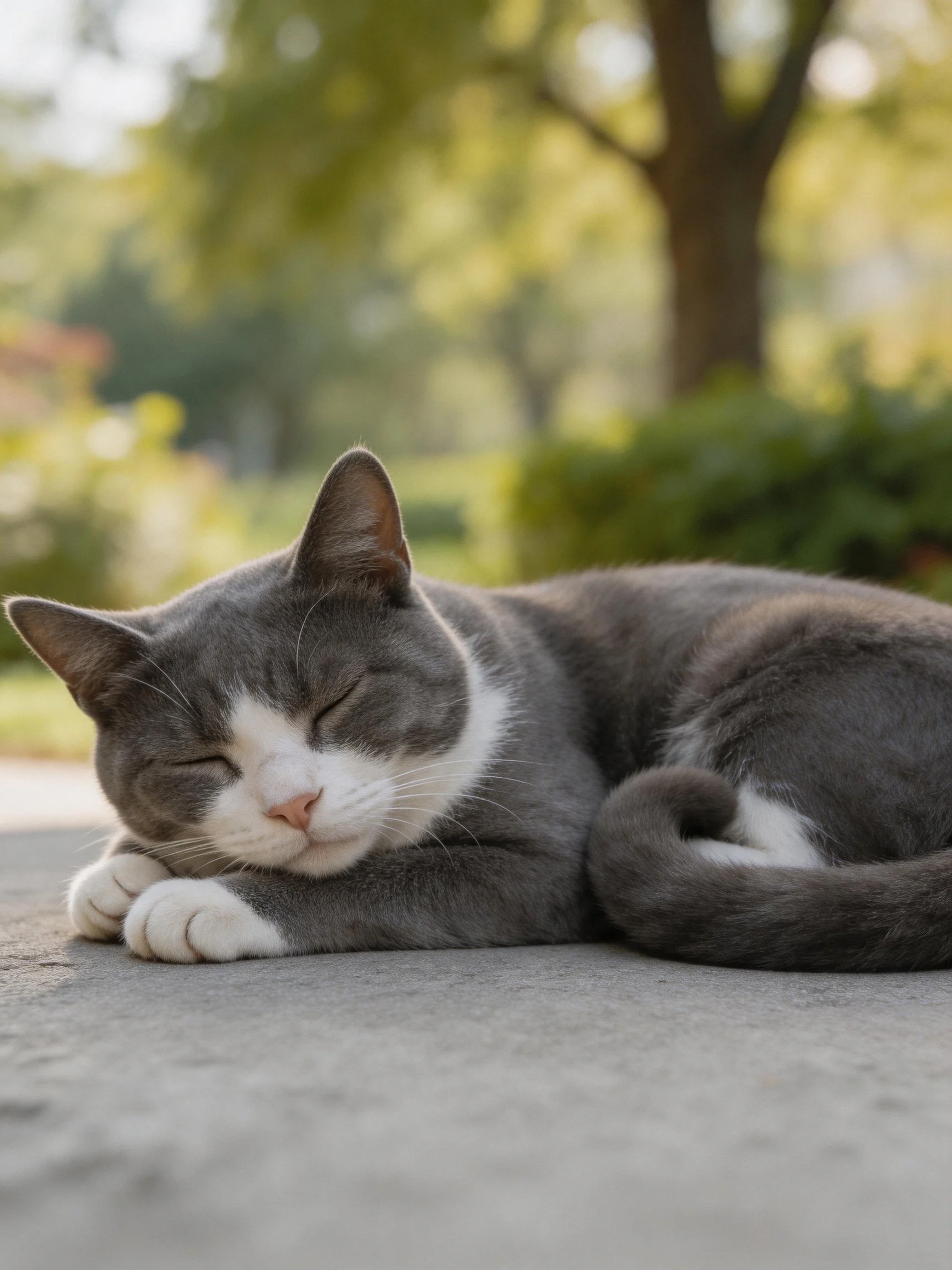 A gray and white cat napping on a smooth concrete path near trees