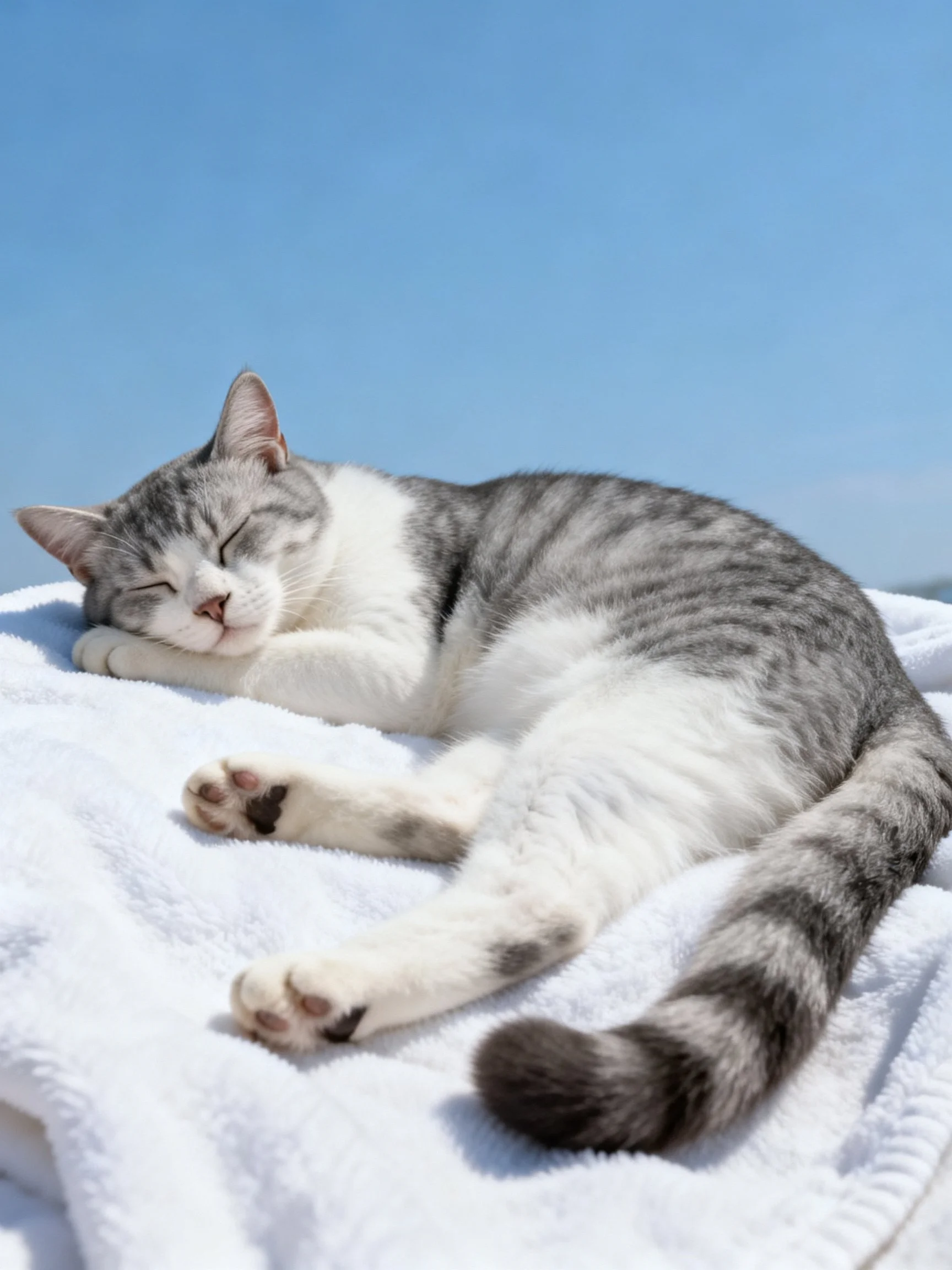 A gray and white cat napping on a white towel against a clear blue sky