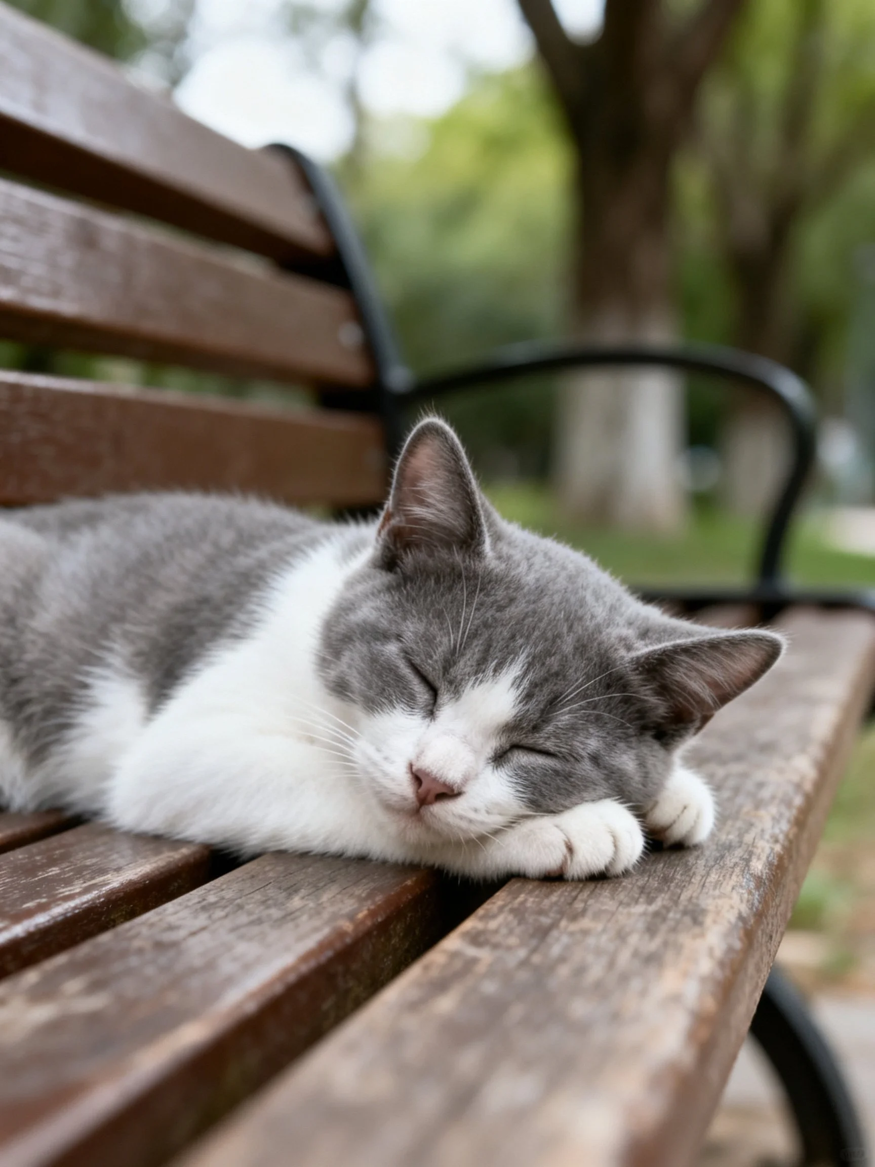 A gray and white cat rests quietly on a wooden park bench.