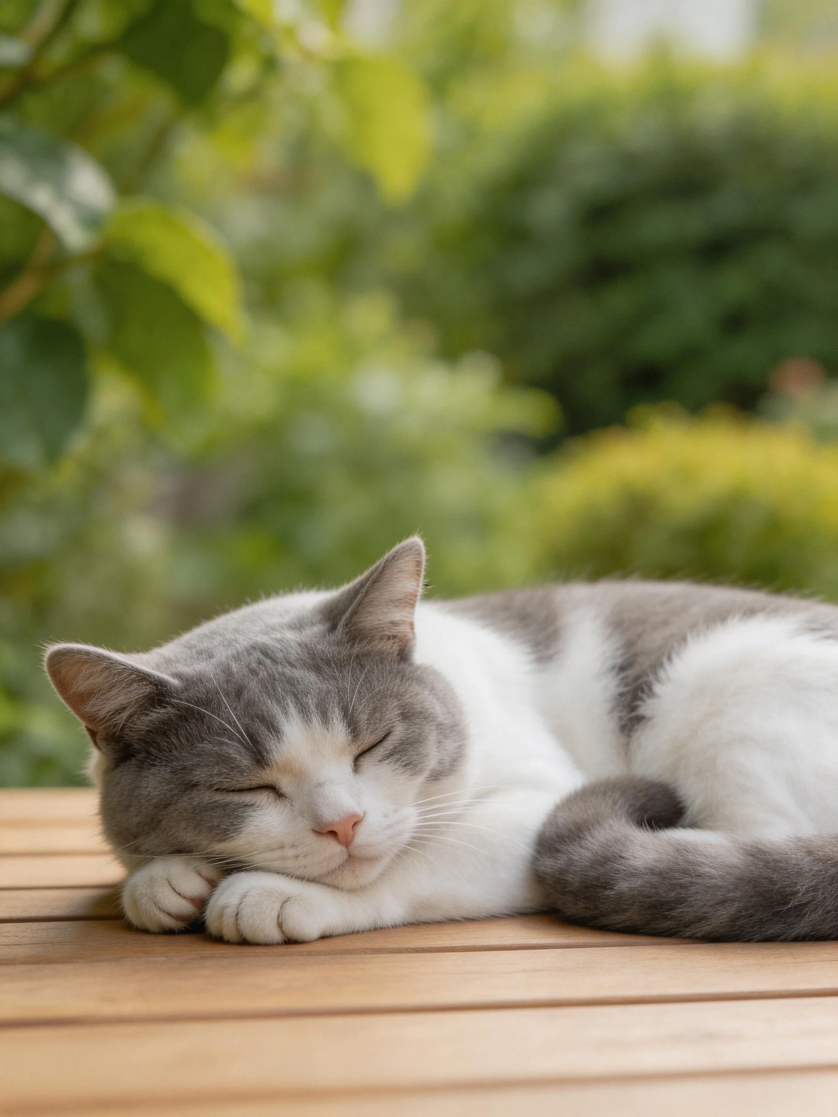 A gray and white cat napping on a wooden table amid green foliage
