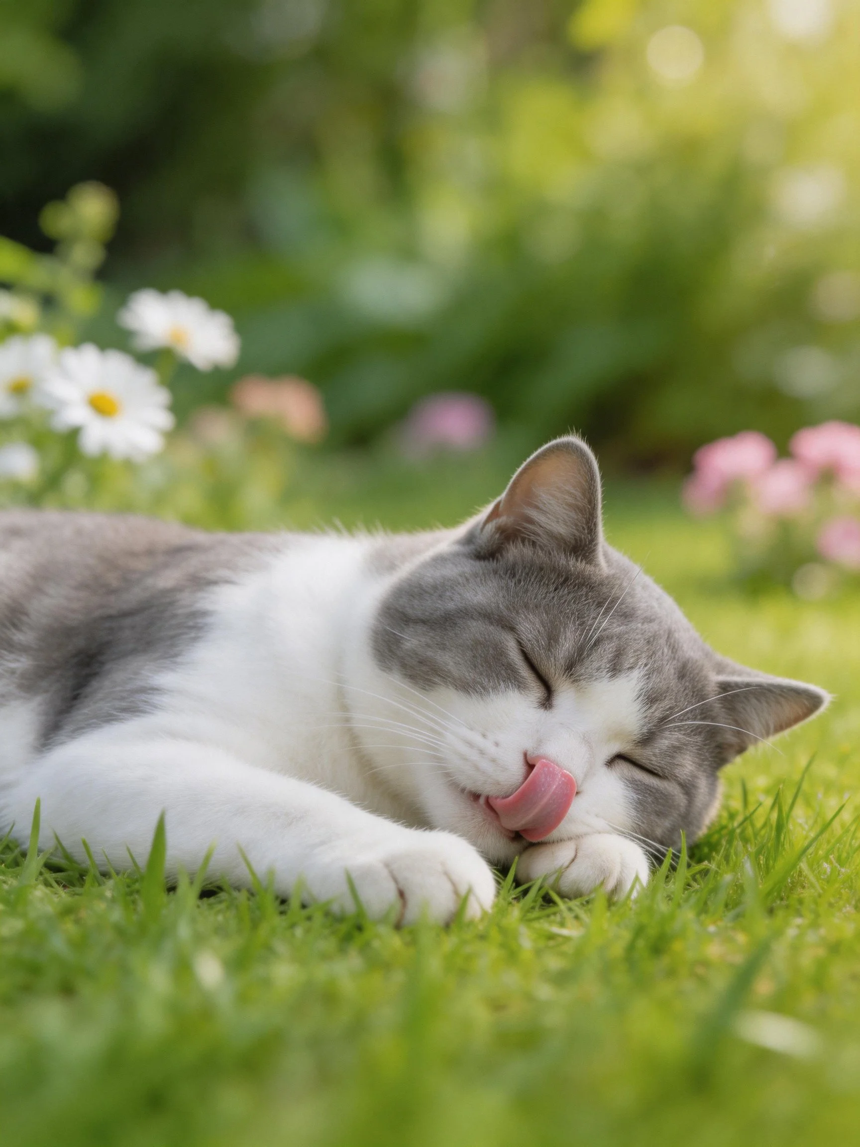 A gray-and-white cat napping on lush green grass near daisies