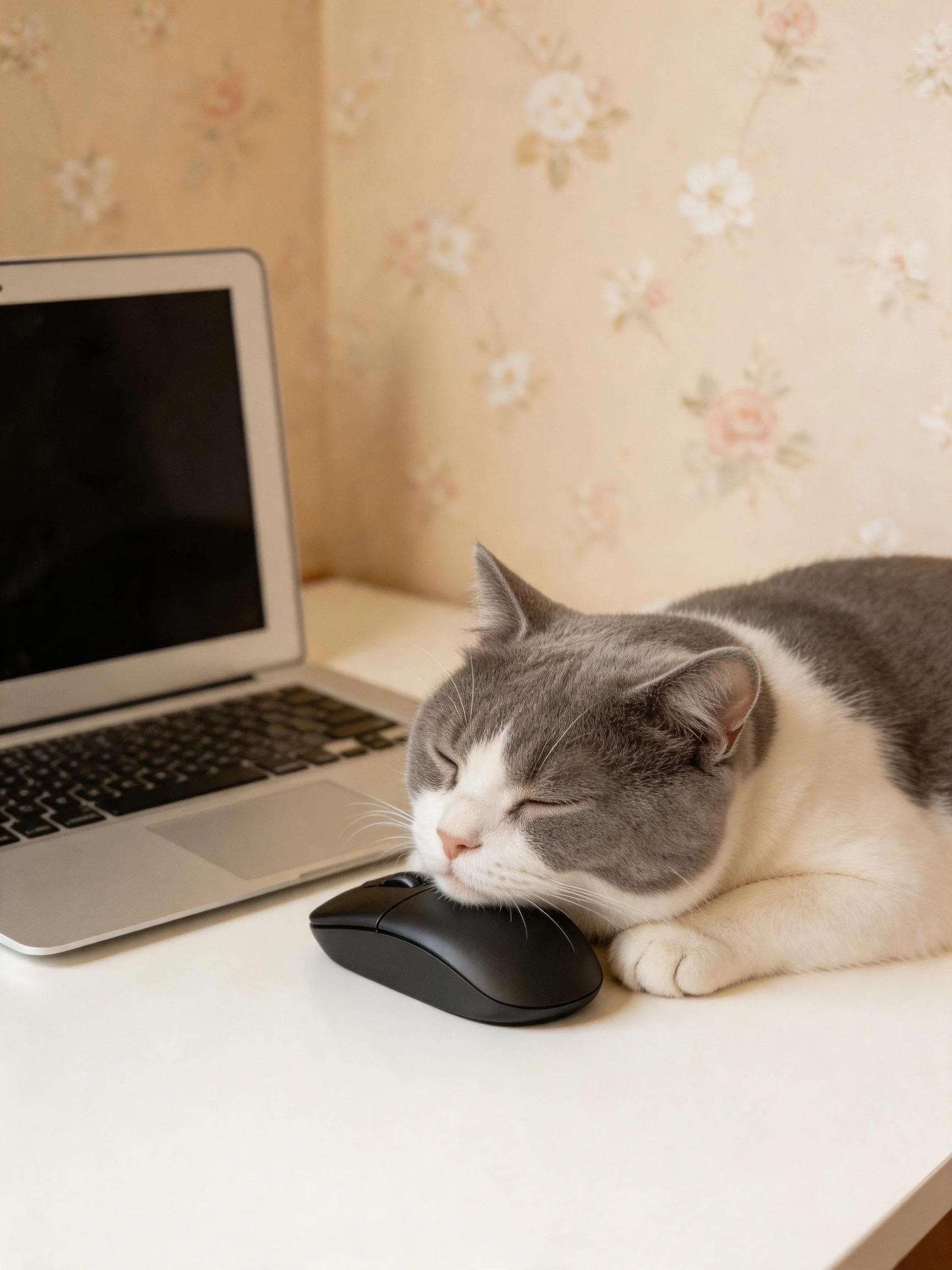 A gray and white cat naps beside an open silver laptop
